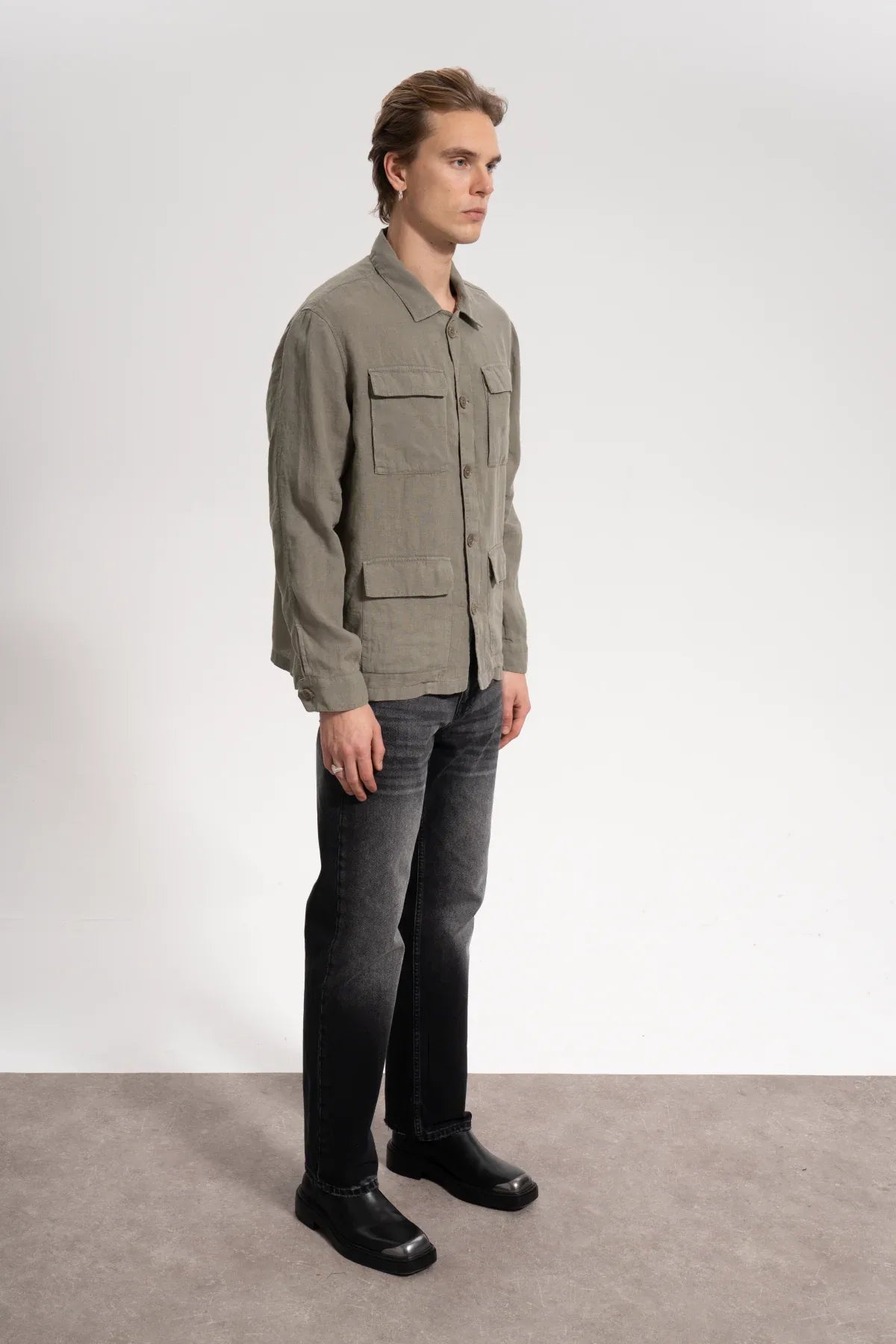 Erkek Relaxed Fit Linen Shirt - Haki - REST 147