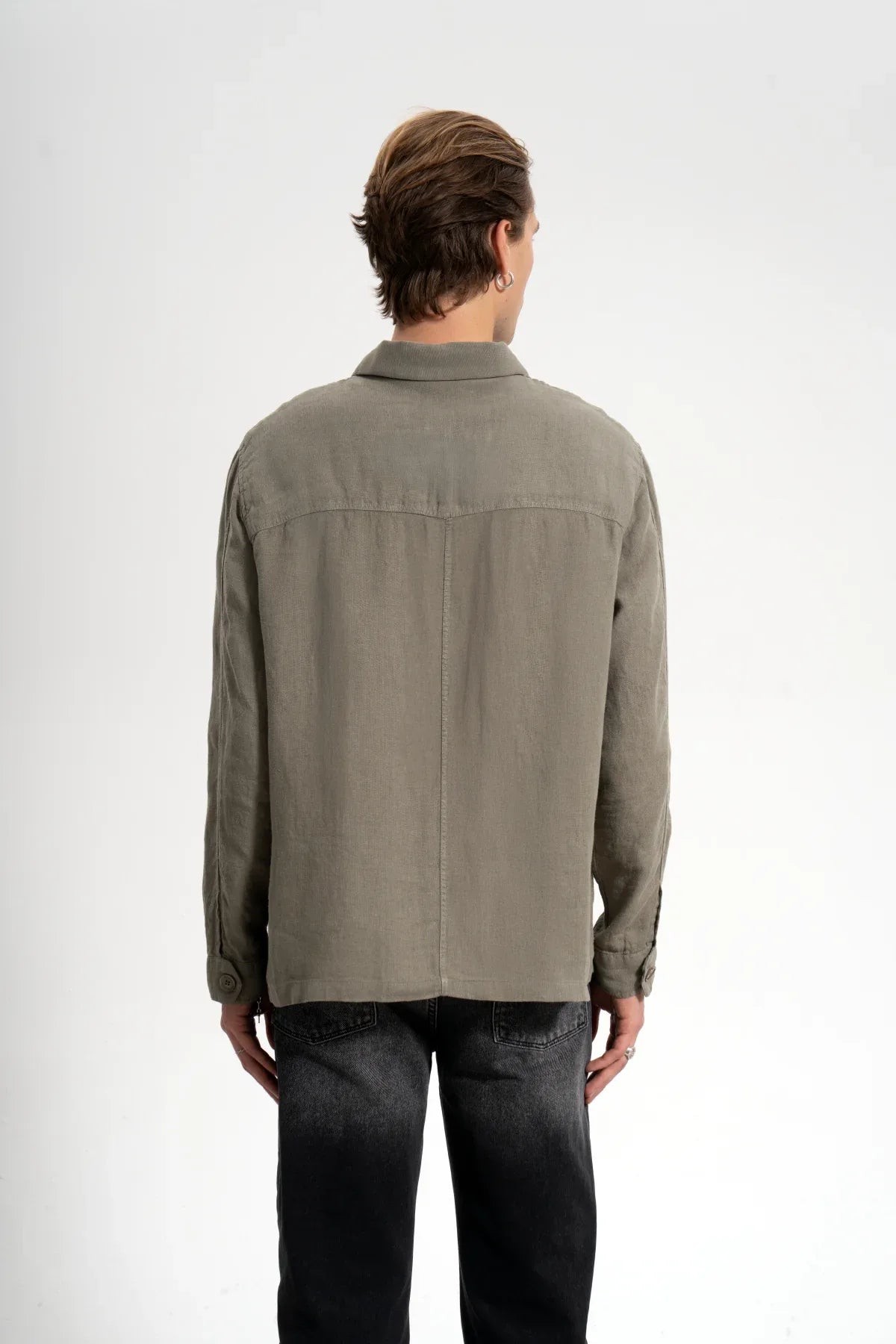 Erkek Relaxed Fit Linen Shirt - Haki - REST 147