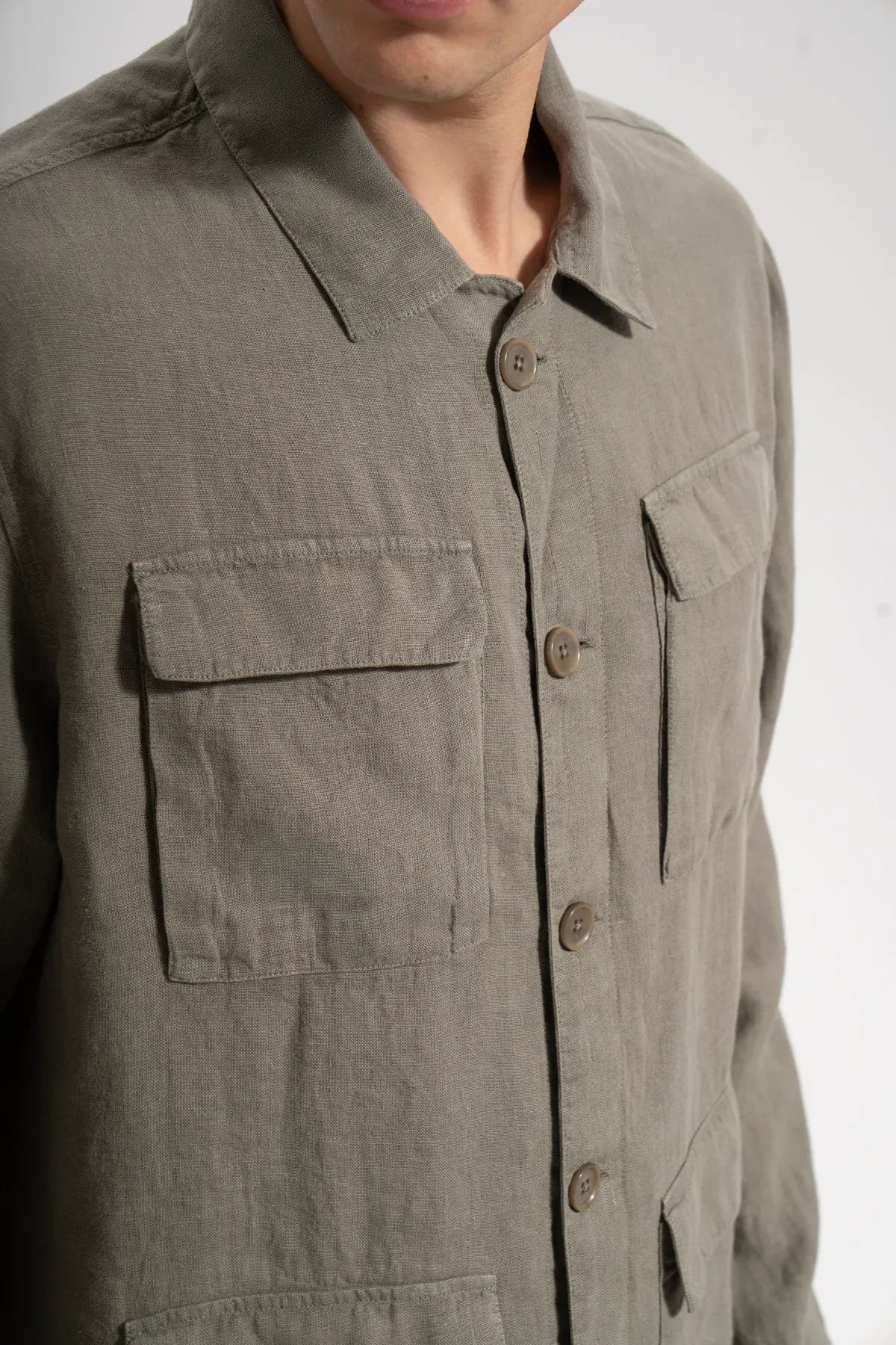 Erkek Relaxed Fit Linen Shirt - Haki - REST 147