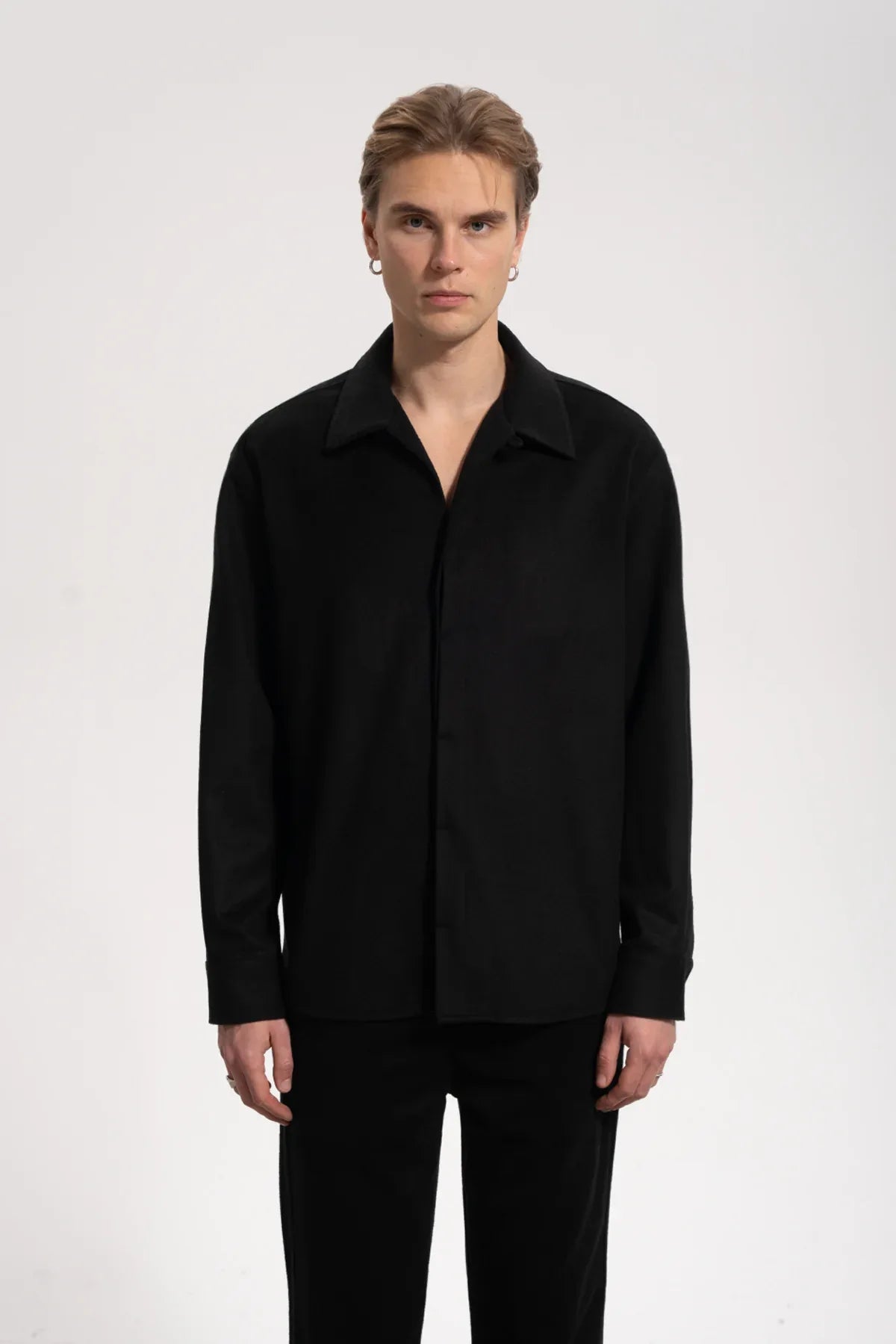 Erkek Relaxed Fit Wool Shirt - Siyah - REST 147