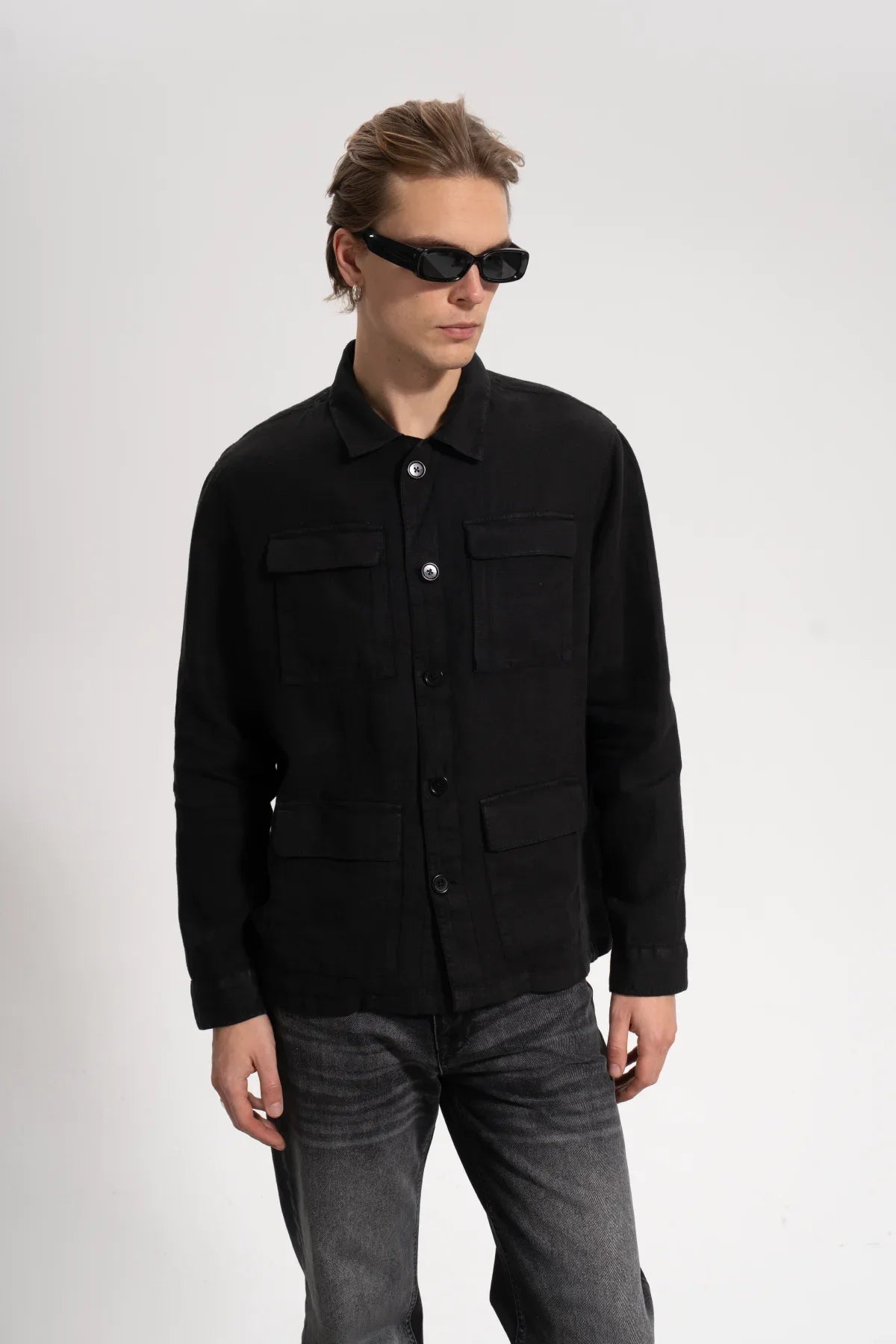 Erkek Relaxed Fit Linen Shirt - Siyah - REST 147