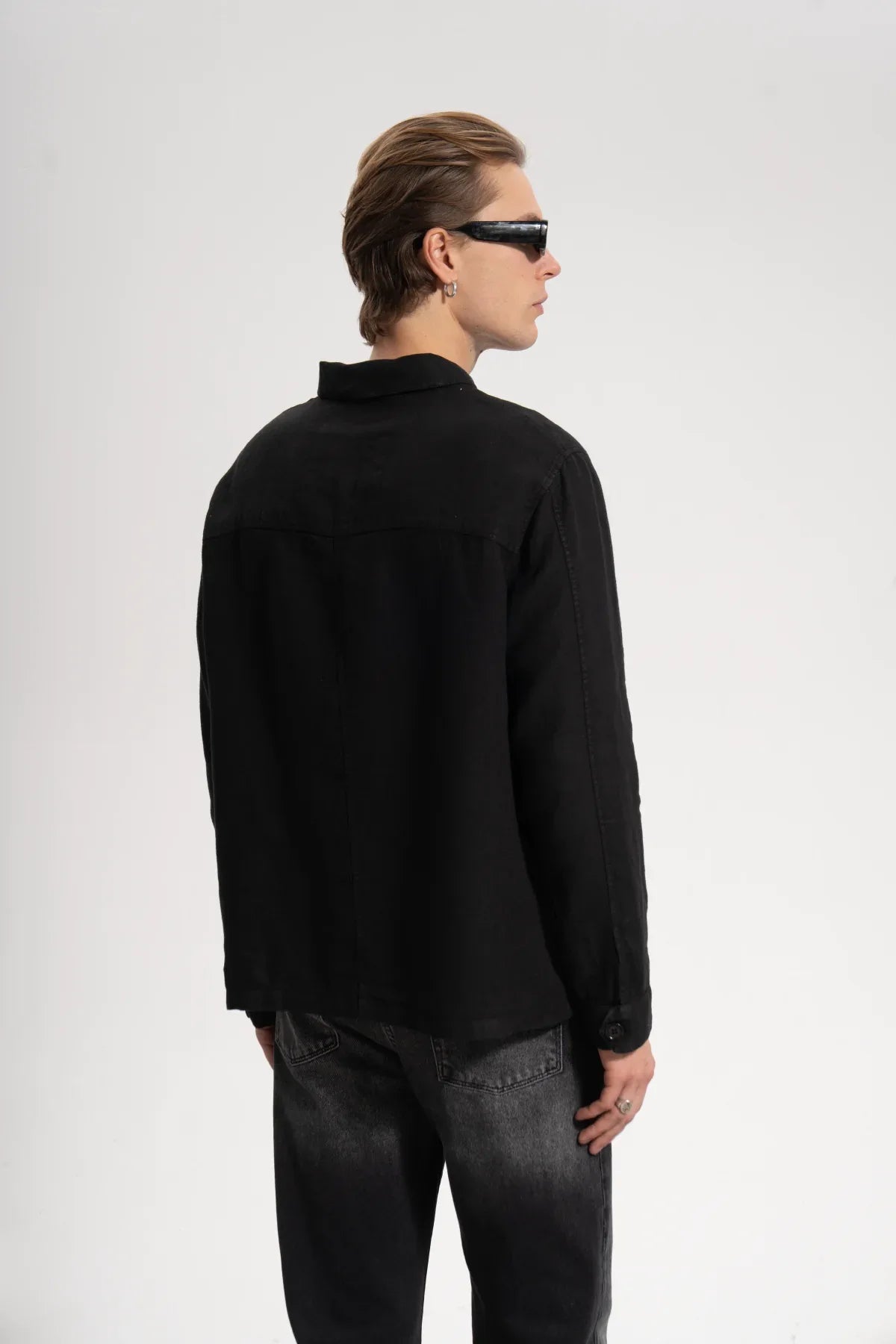 Erkek Relaxed Fit Linen Shirt - Siyah - REST 147