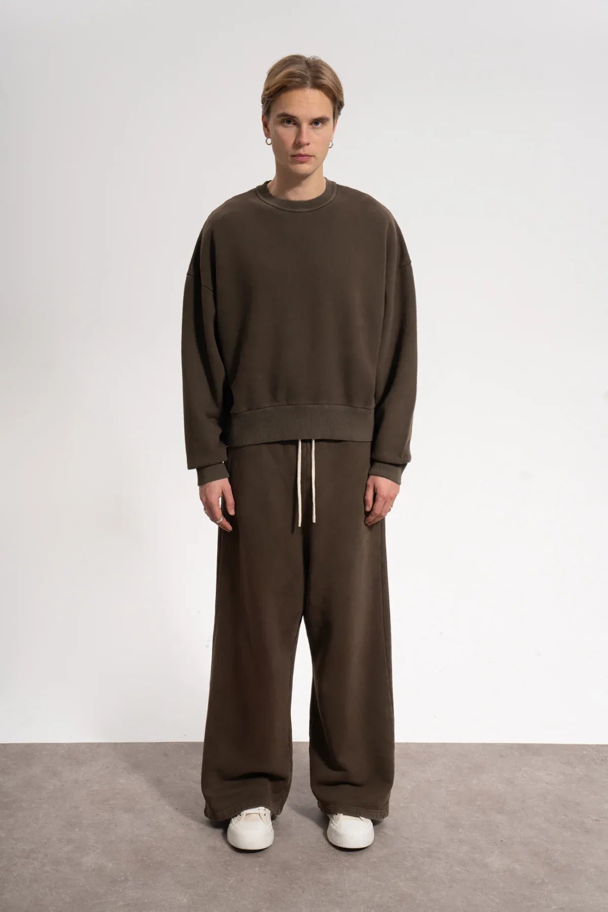 Erkek Oversized Washed Distressed Sweatshirt - Kahverengi - REST 147