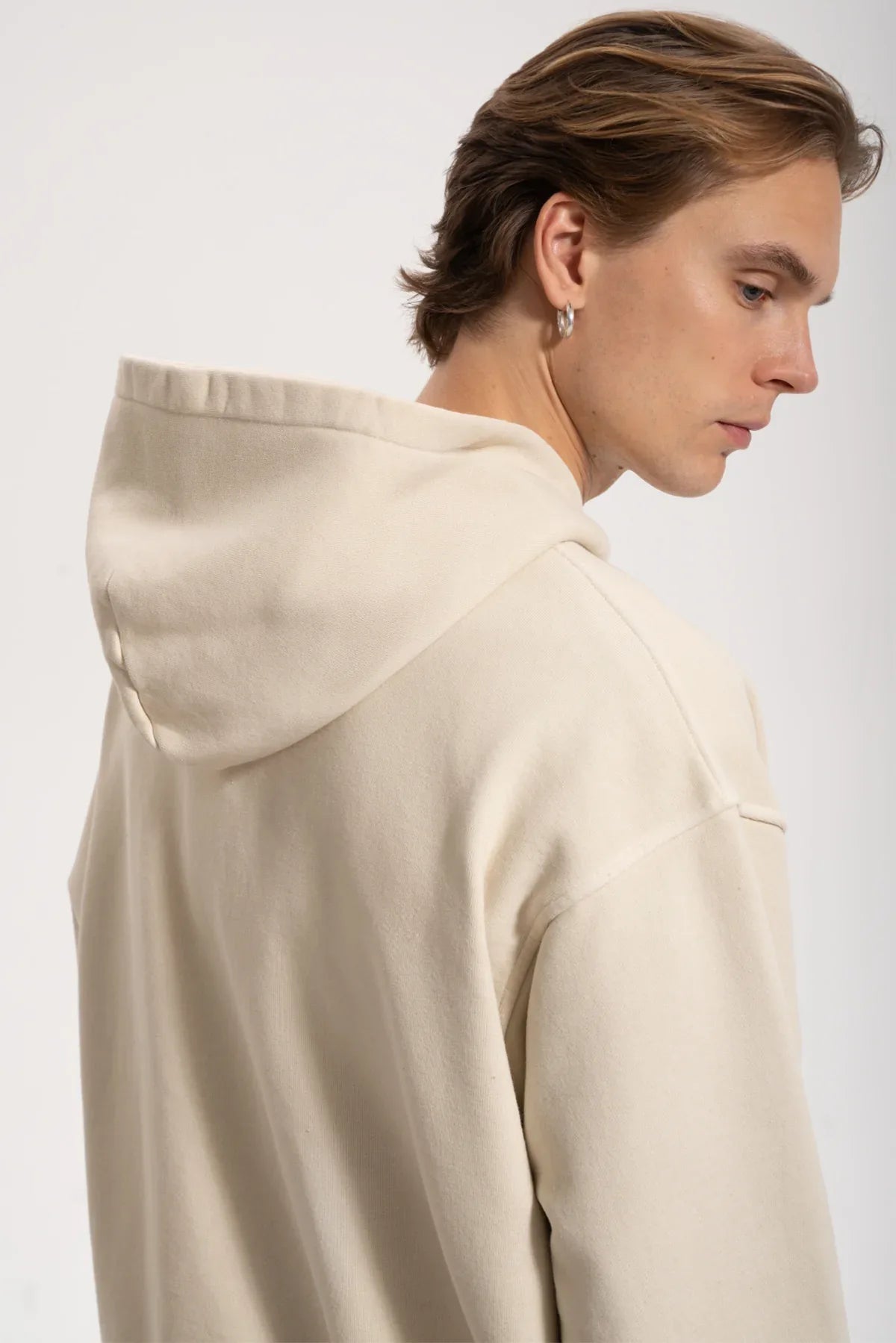 Erkek Oversized Washed Zip Hoodie - Bej - REST 147