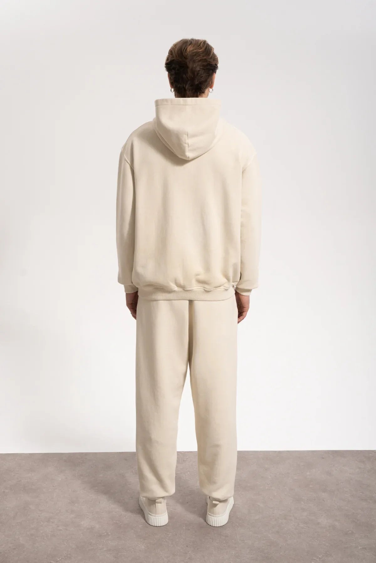 Erkek Oversized Washed Zip Hoodie - Bej - REST 147