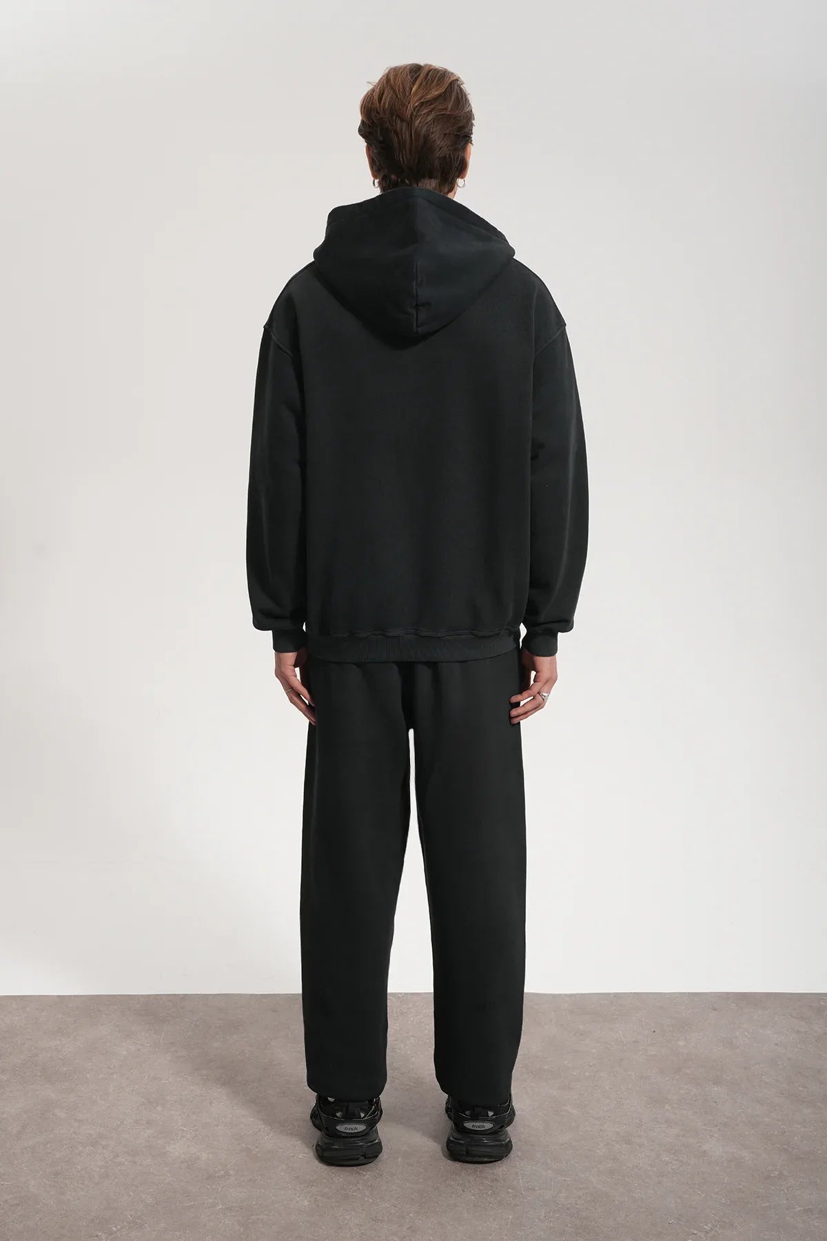 Erkek Oversized Washed Zip Hoodie - Siyah - REST 147