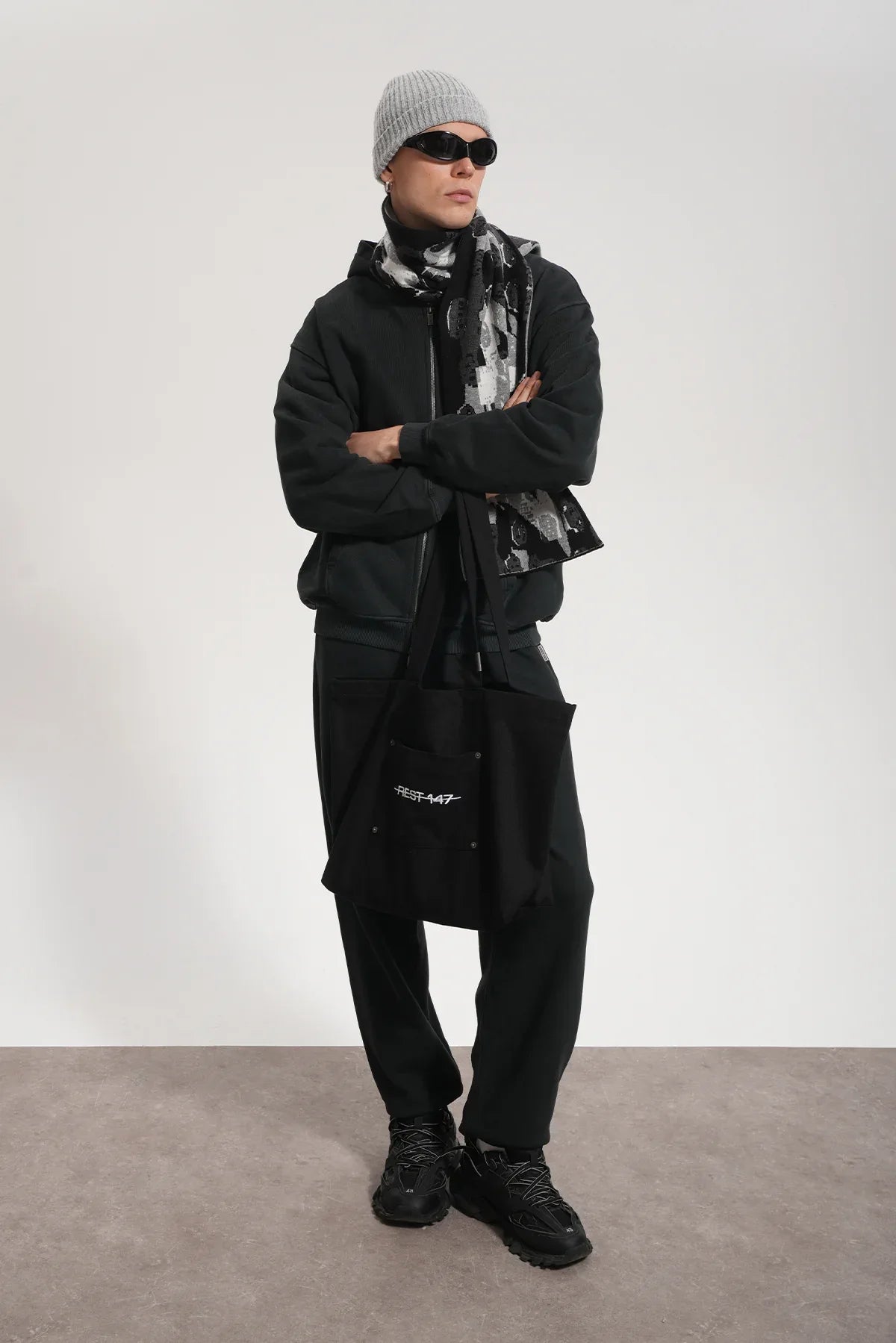 Erkek Oversized Washed Zip Hoodie - Siyah - REST 147