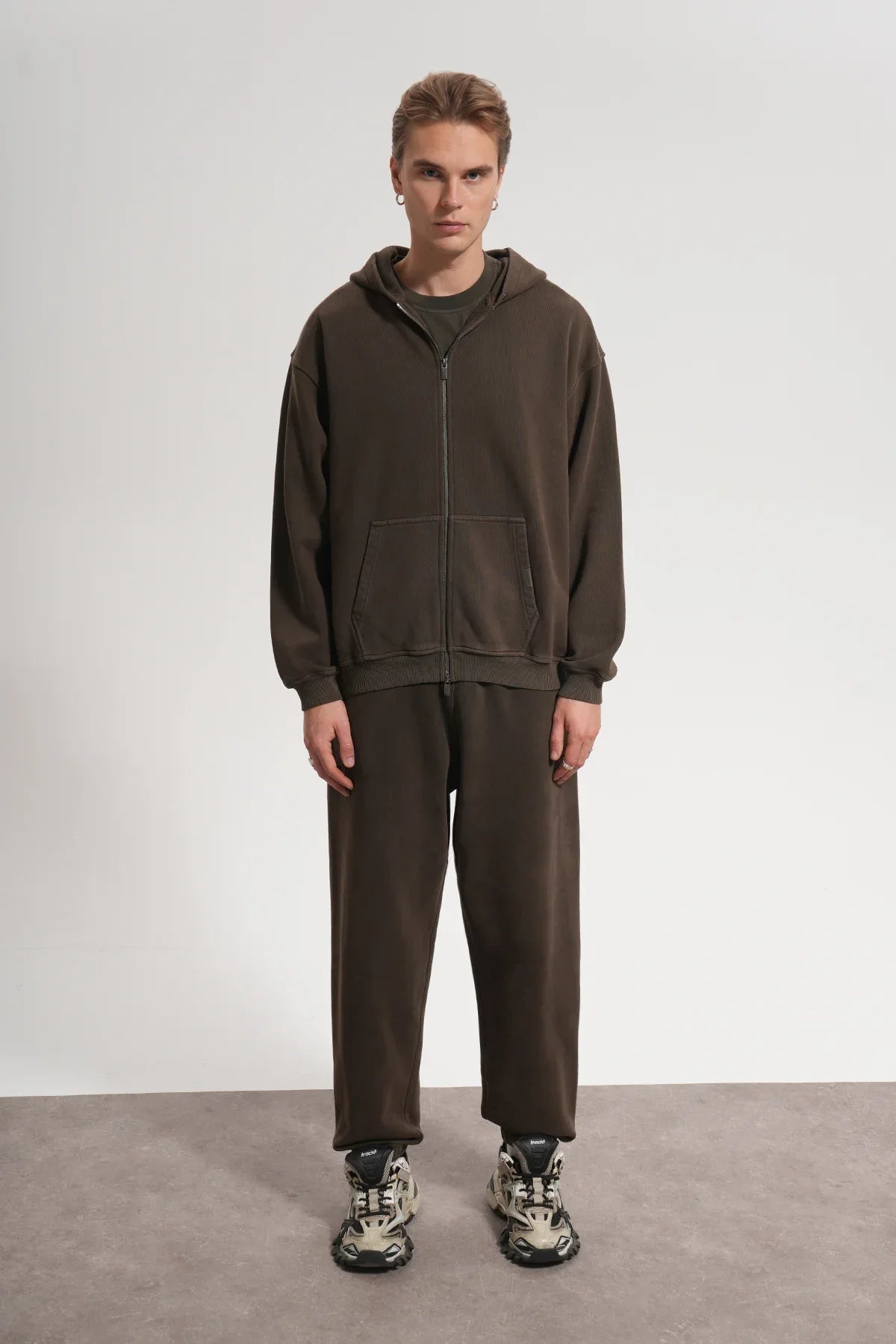 Erkek Oversized Washed Zip Hoodie - Kahverengi - REST 147