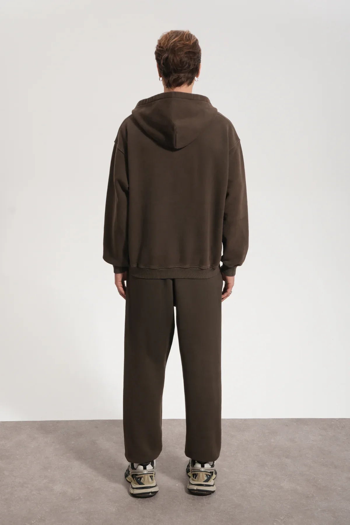 Erkek Oversized Washed Zip Hoodie - Kahverengi - REST 147