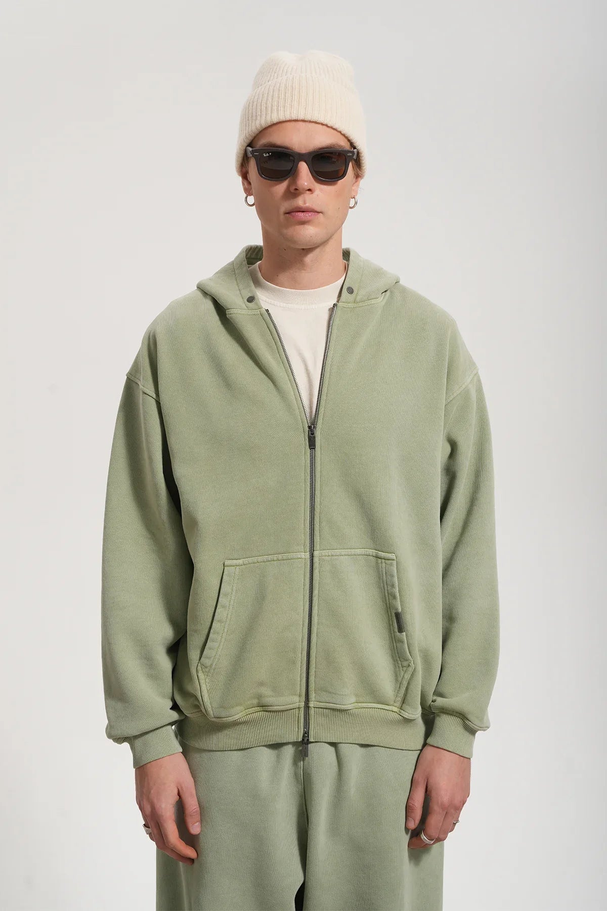 Erkek Oversized Washed Zip Hoodie - Yeşil - REST 147