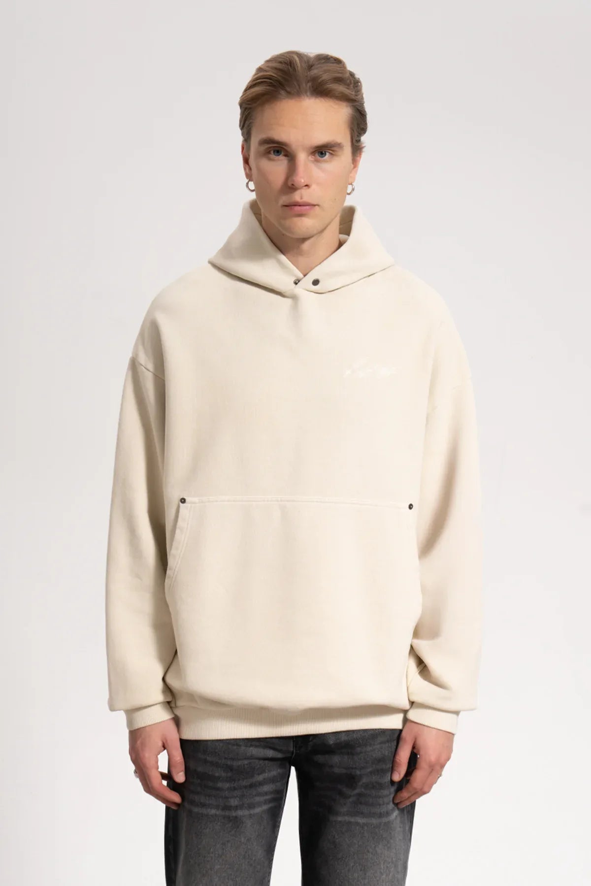 Erkek Oversized Washed Embroidered Hoodie - Bej - REST 147