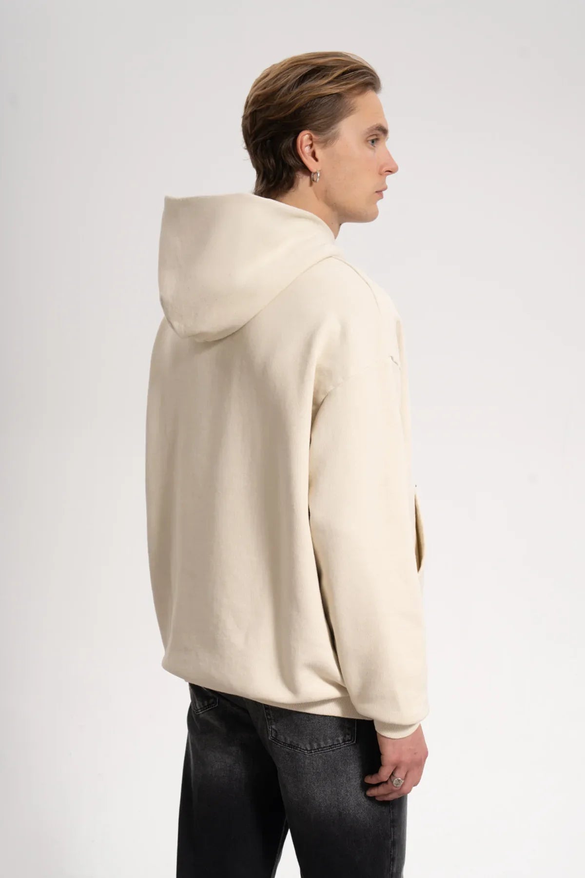 Erkek Oversized Washed Embroidered Hoodie - Bej - REST 147