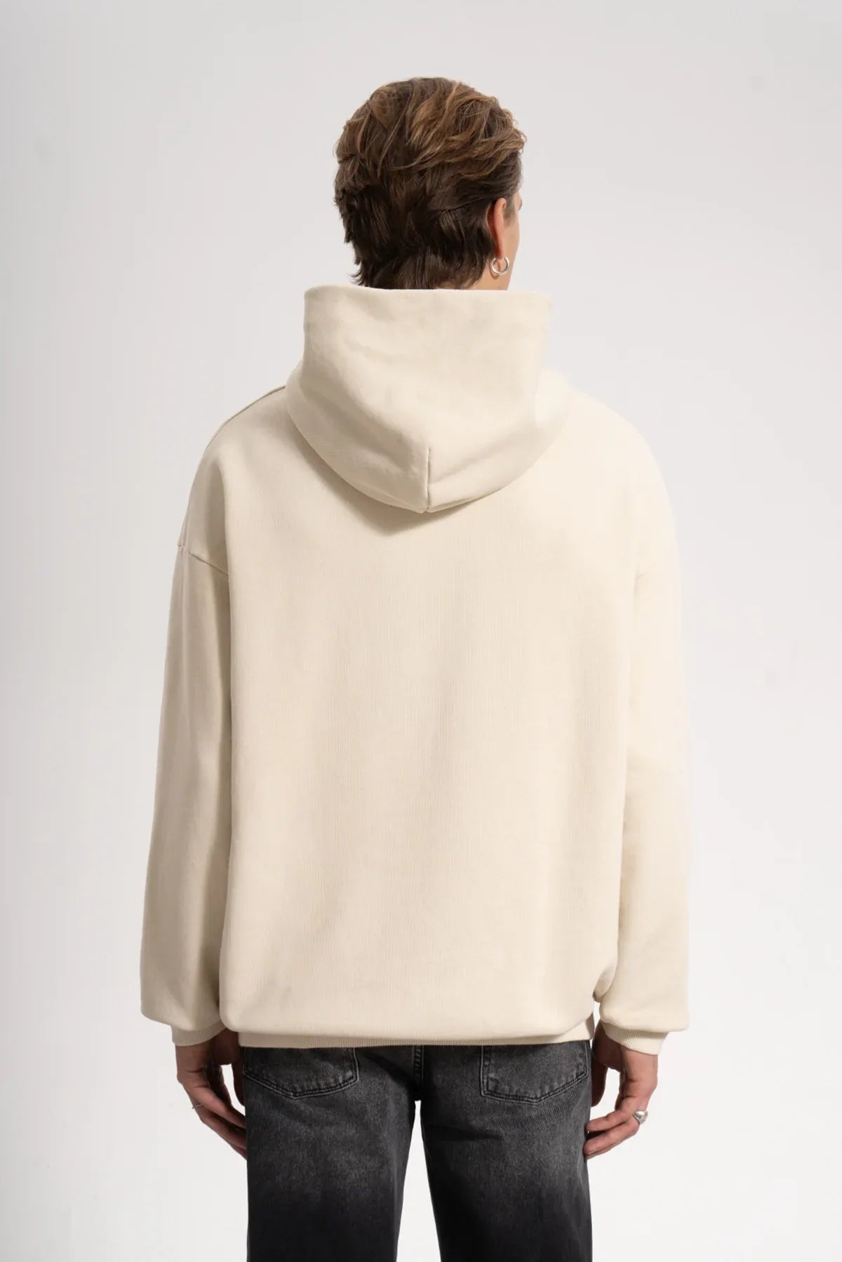 Erkek Oversized Washed Embroidered Hoodie - Bej - REST 147