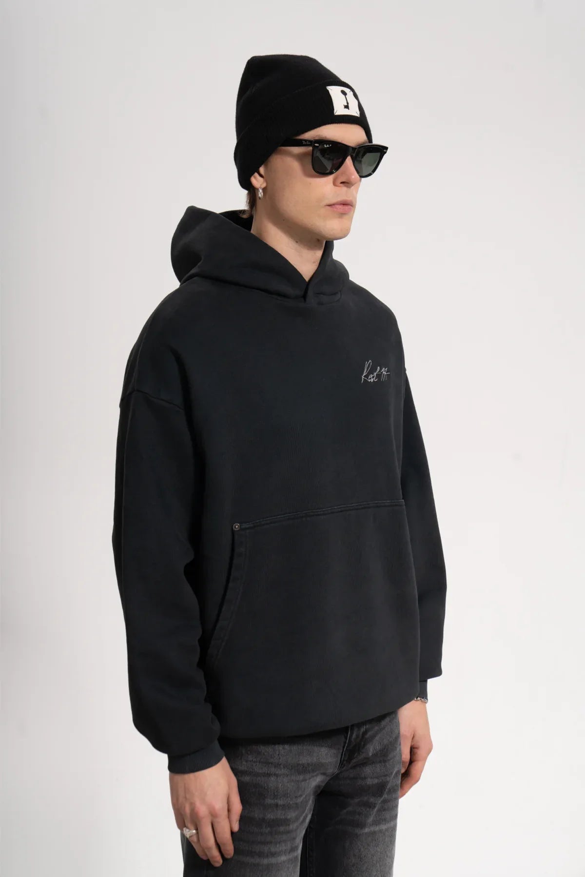 Erkek Oversized Washed Embroidered Hoodie - Siyah - REST 147