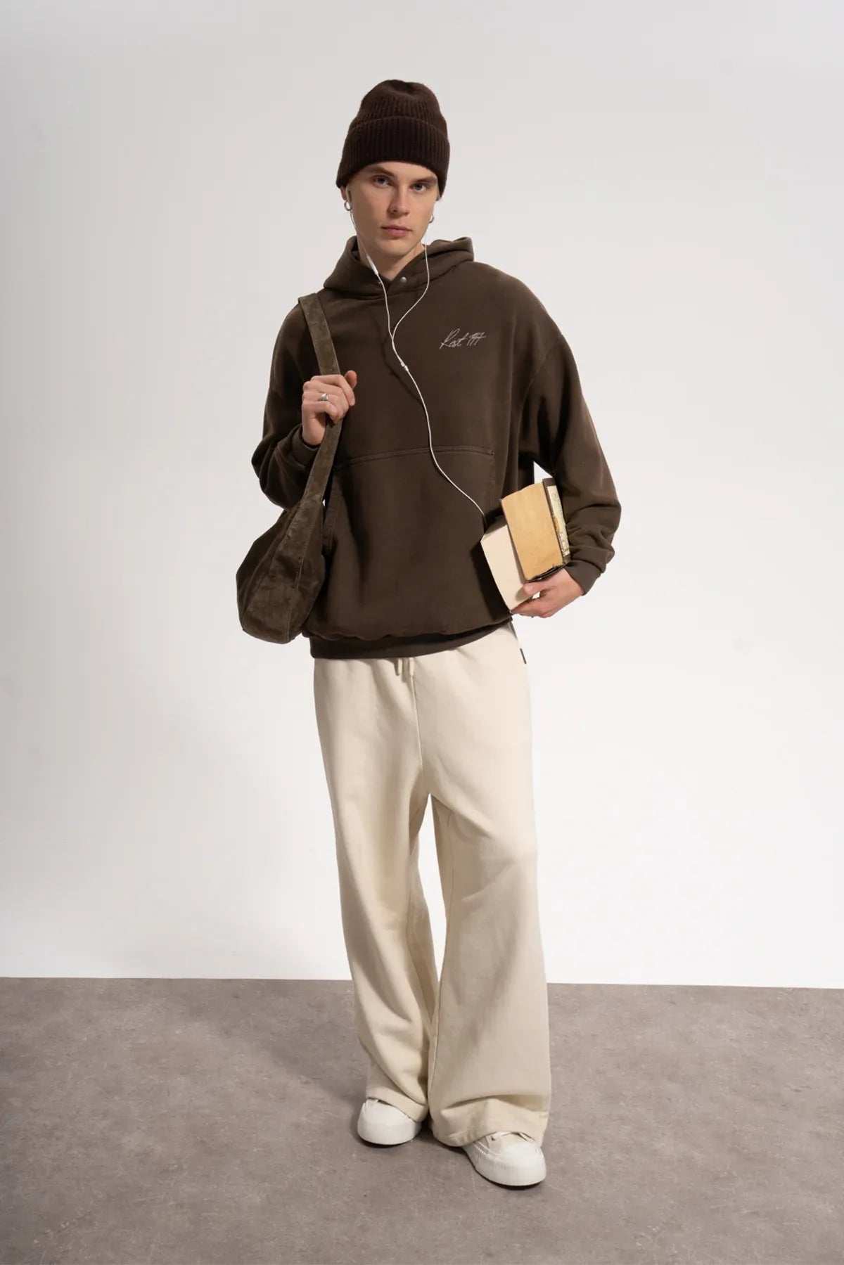 Erkek Oversized Washed Embroidered Hoodie - Kahverengi - REST 147