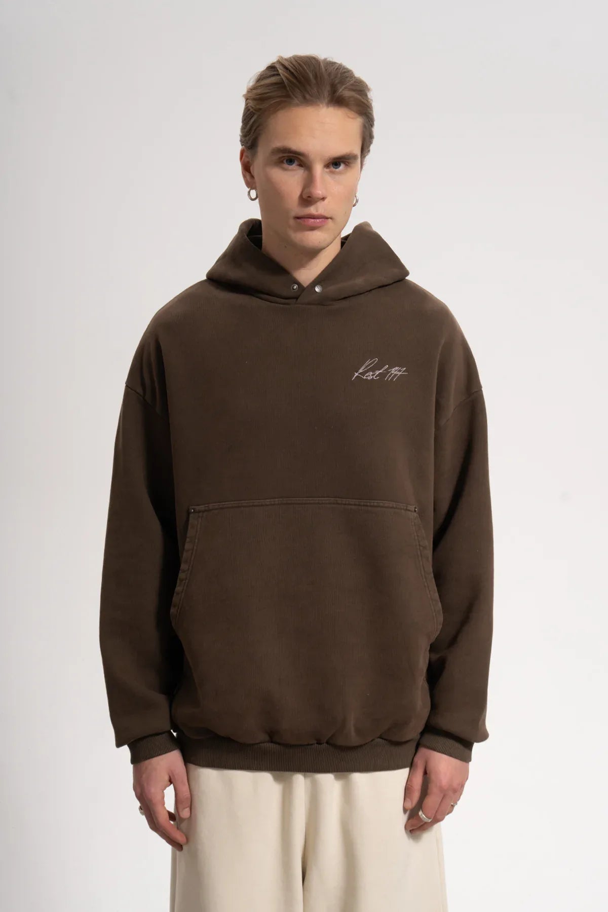 Erkek Oversized Washed Embroidered Hoodie - Kahverengi - REST 147