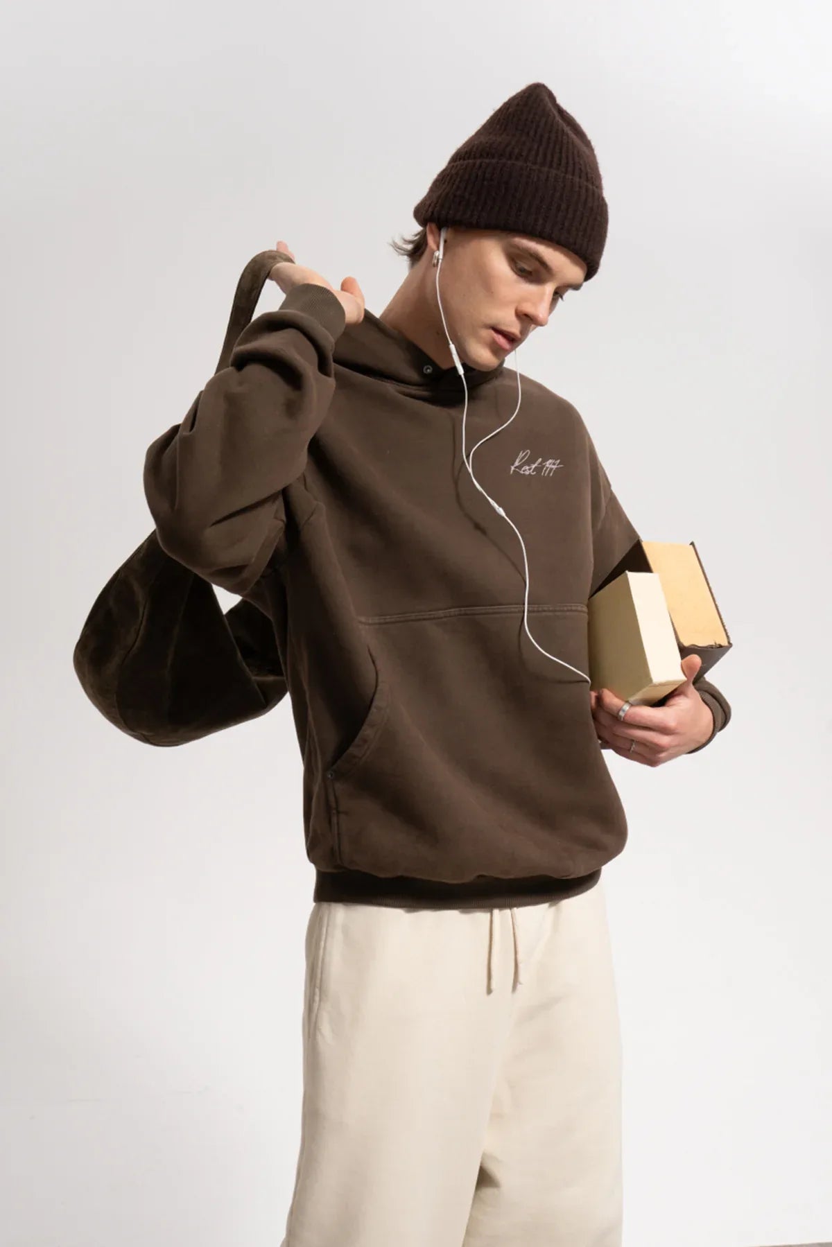 Erkek Oversized Washed Embroidered Hoodie - Kahverengi - REST 147