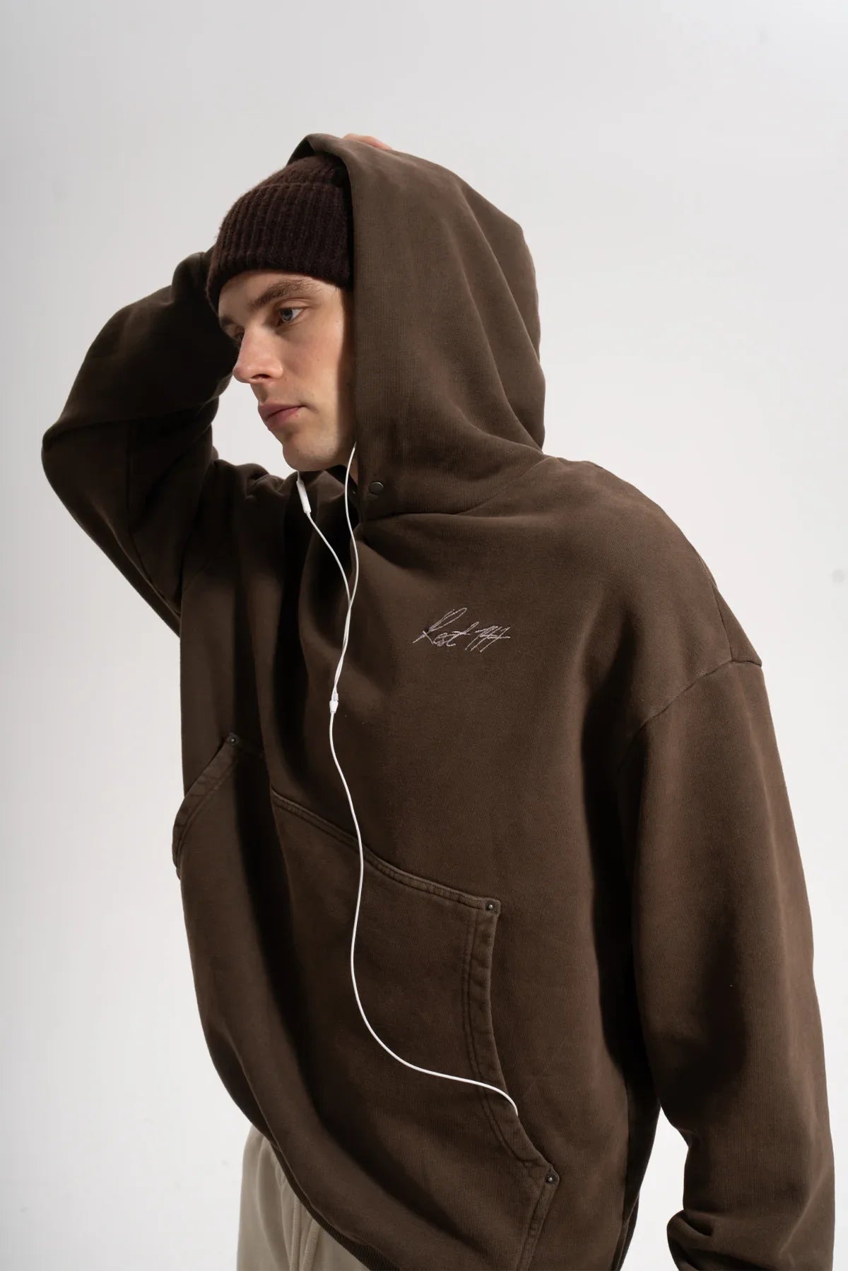 Erkek Oversized Washed Embroidered Hoodie - Kahverengi - REST 147