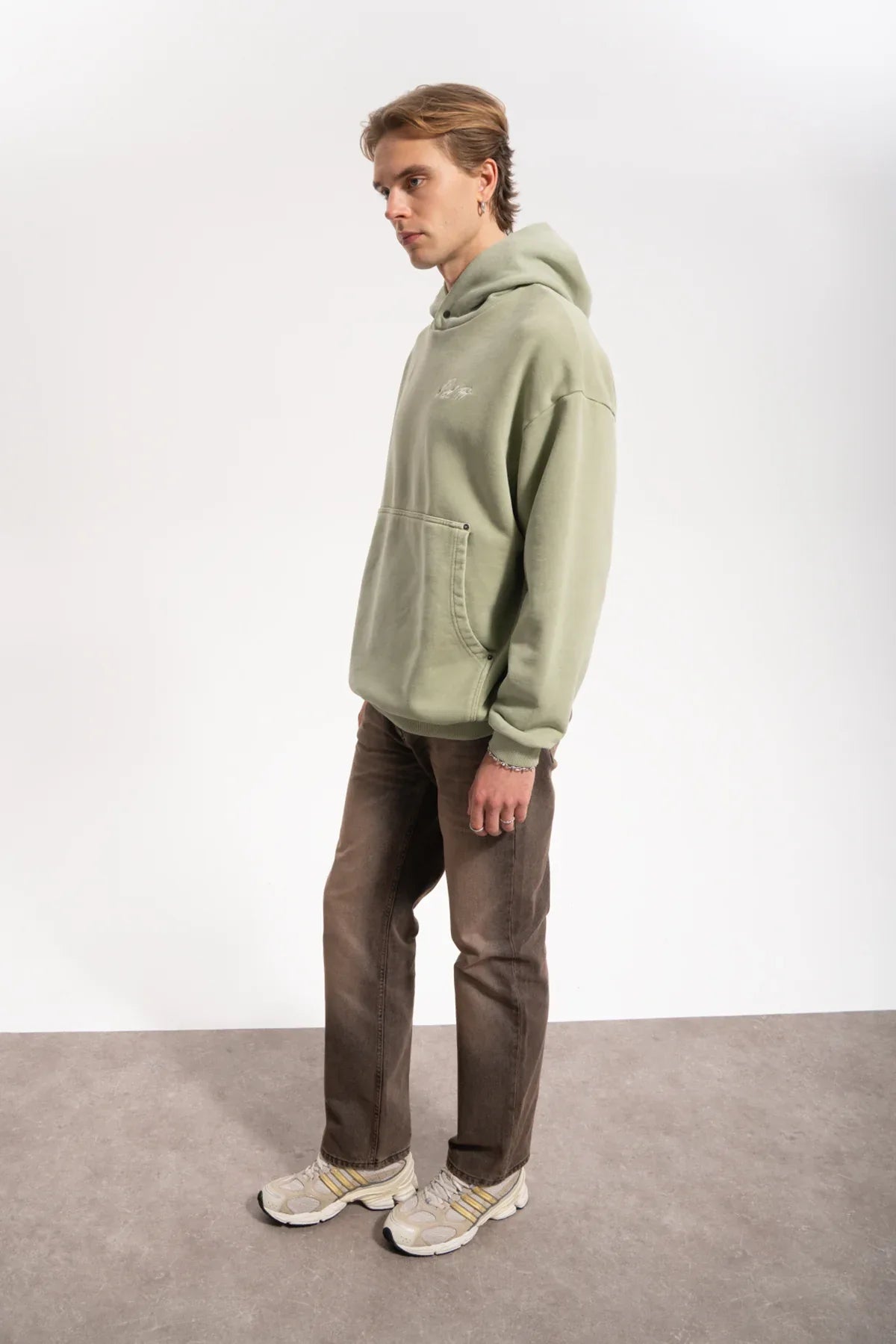 Erkek Oversized Washed Embroidered Hoodie - Yeşil - REST 147