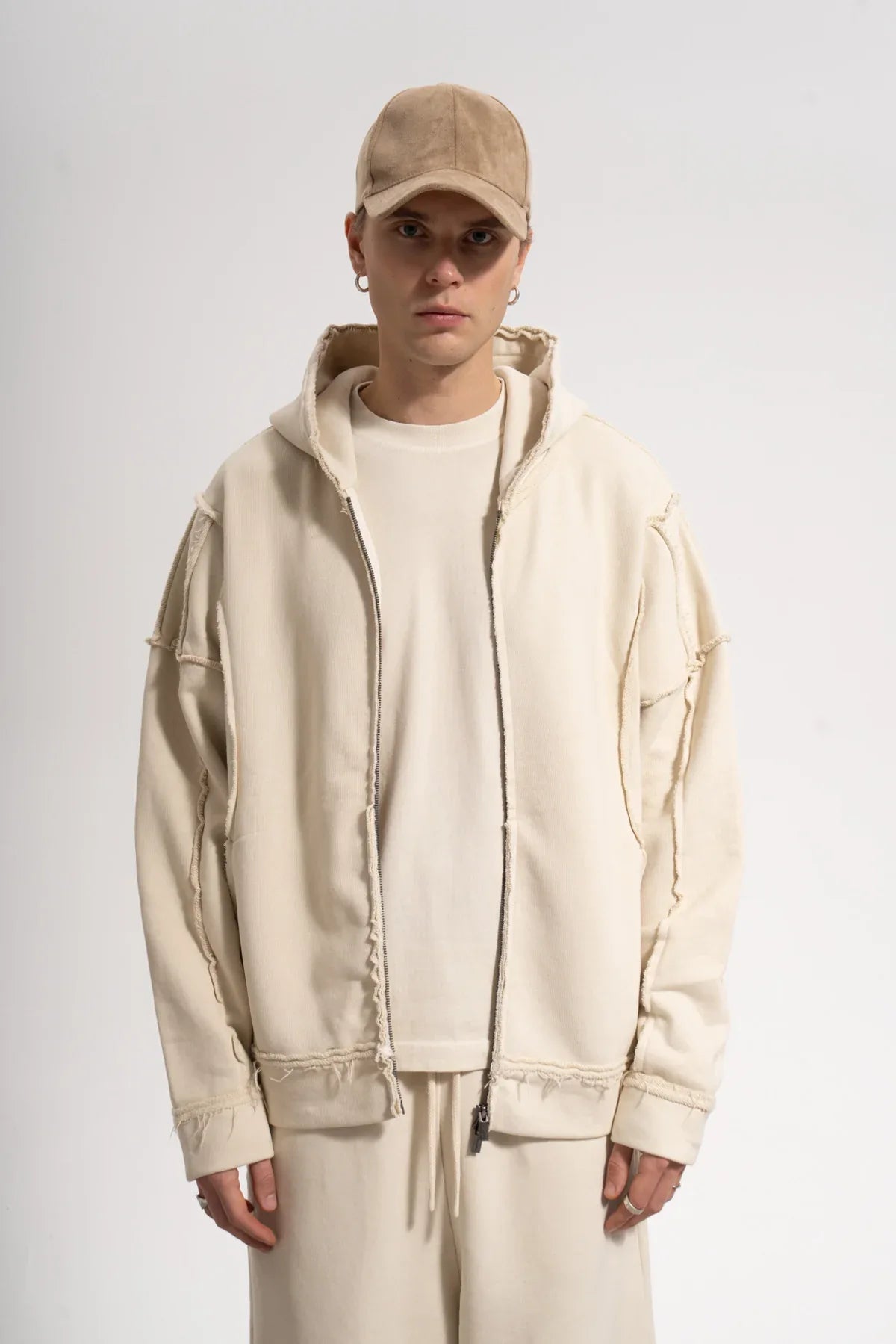 Erkek Oversized Washed Raw Seam Zip Hoodie - Bej - REST 147