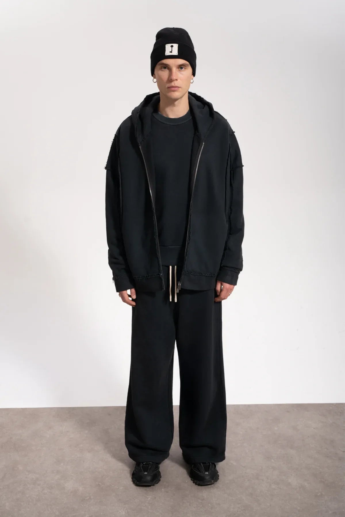 Erkek Oversized Washed Raw Seam Zip Hoodie - Siyah - REST 147