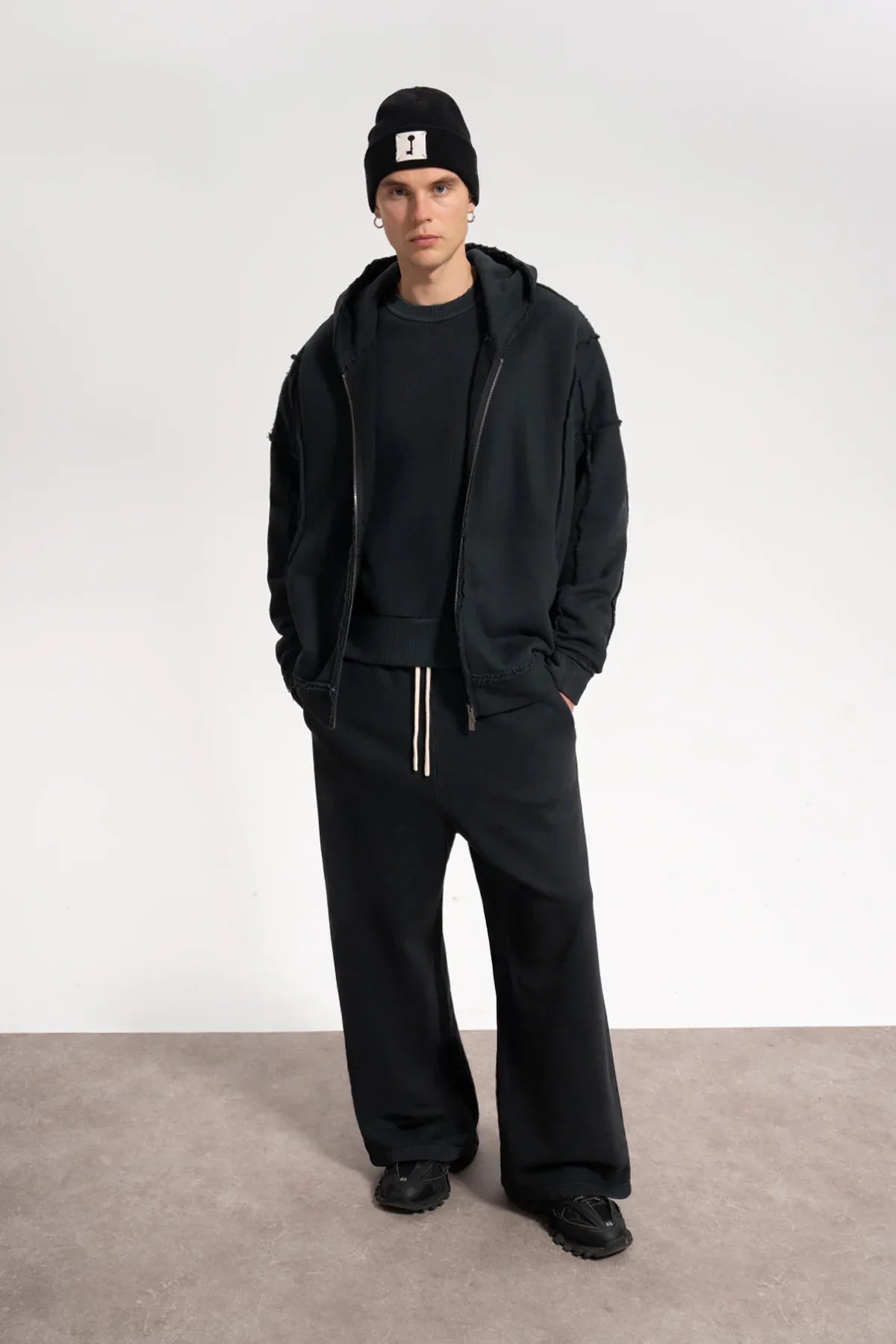 Erkek Oversized Washed Raw Seam Zip Hoodie - Siyah - REST 147