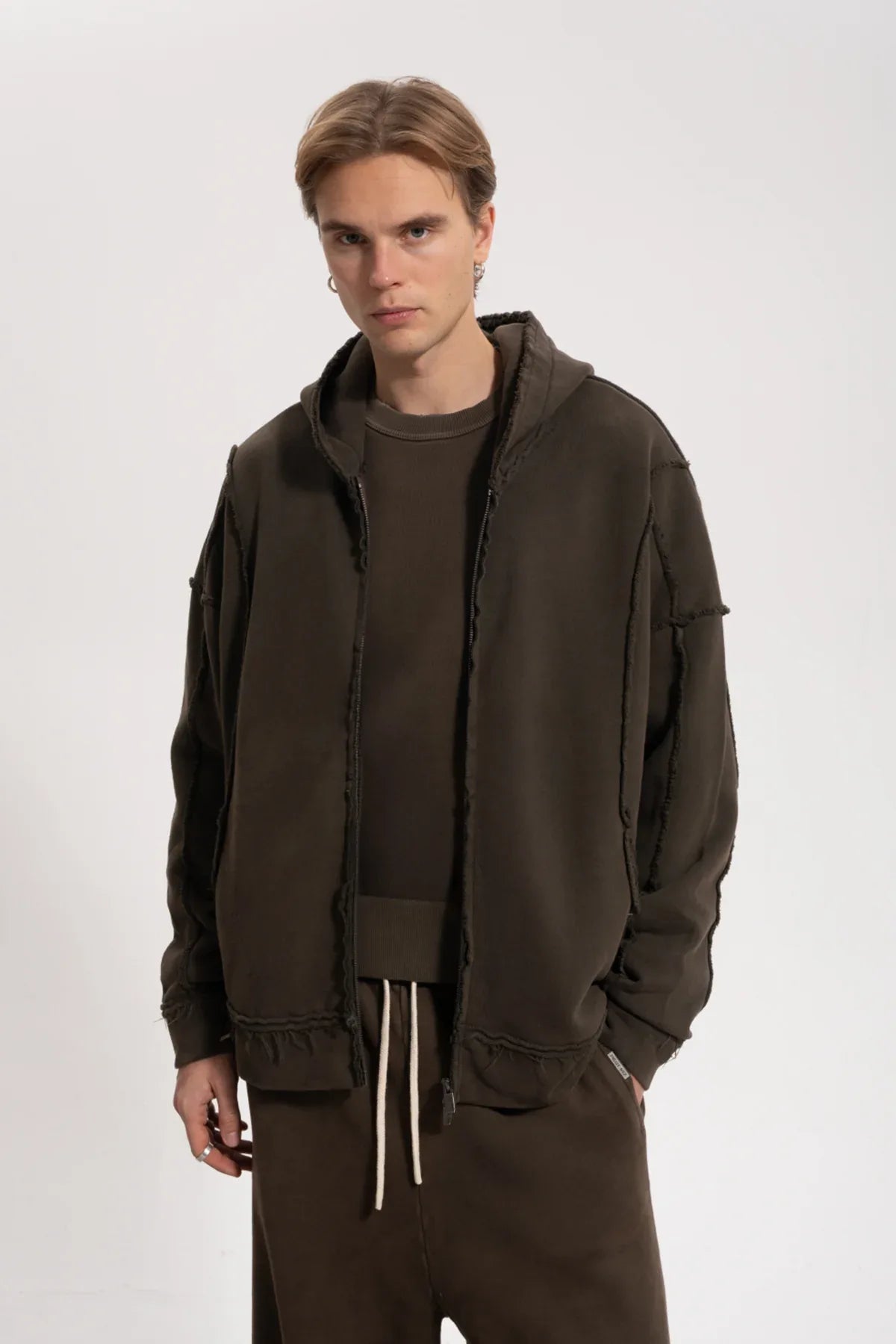 Erkek Oversized Washed Raw Seam Zip Hoodie - Kahverengi - REST 147