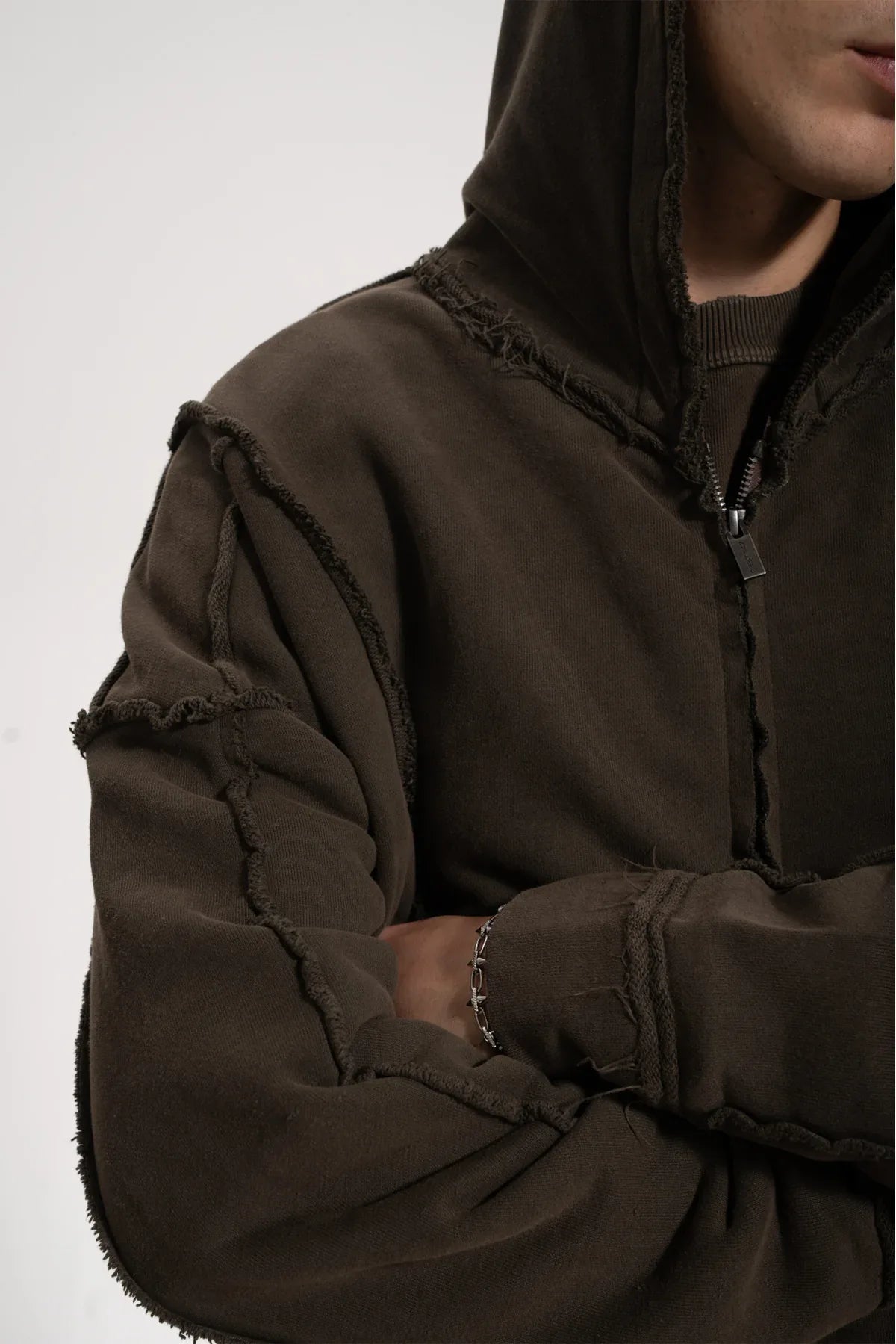 Erkek Oversized Washed Raw Seam Zip Hoodie - Kahverengi - REST 147