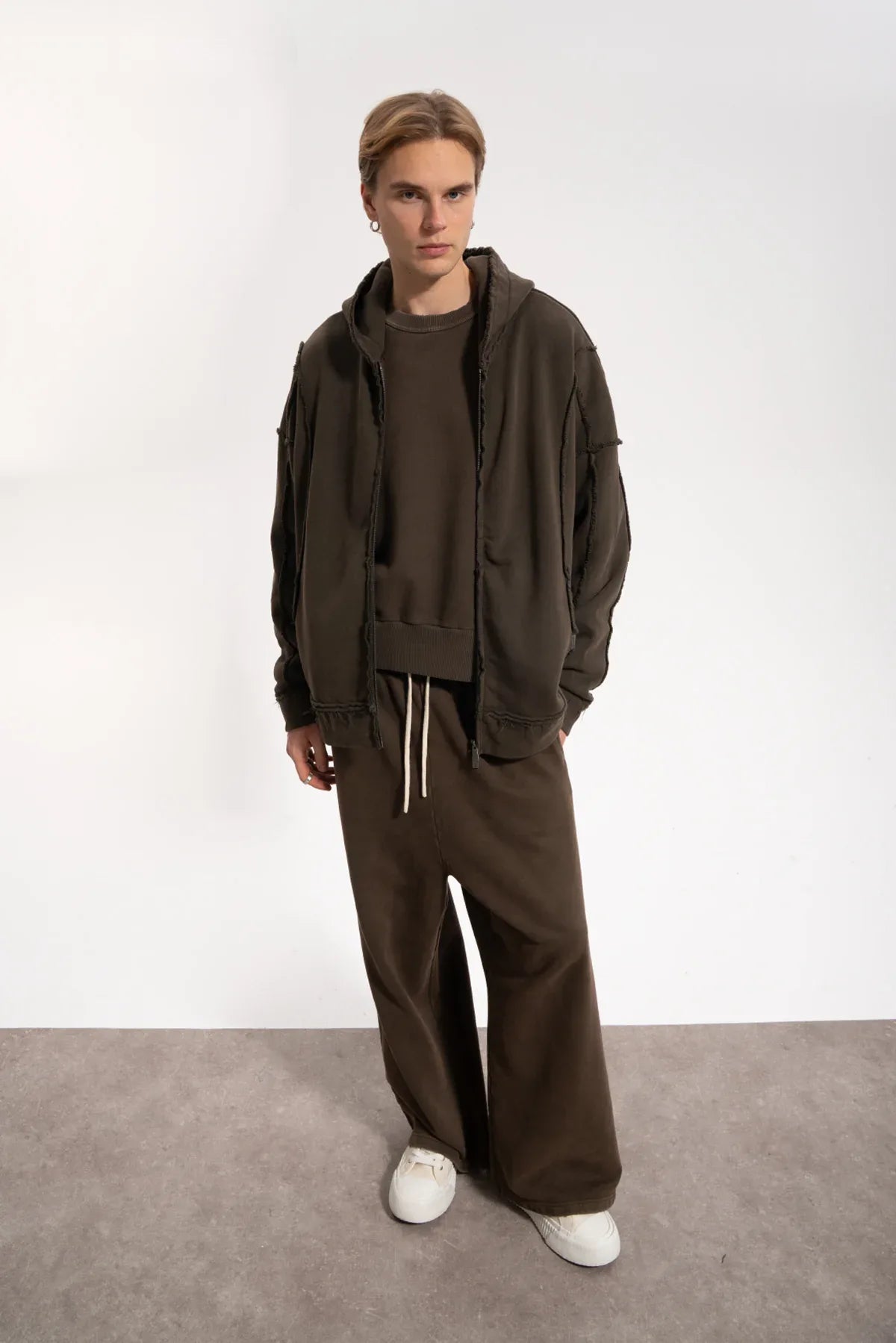 Erkek Oversized Washed Raw Seam Zip Hoodie - Kahverengi - REST 147