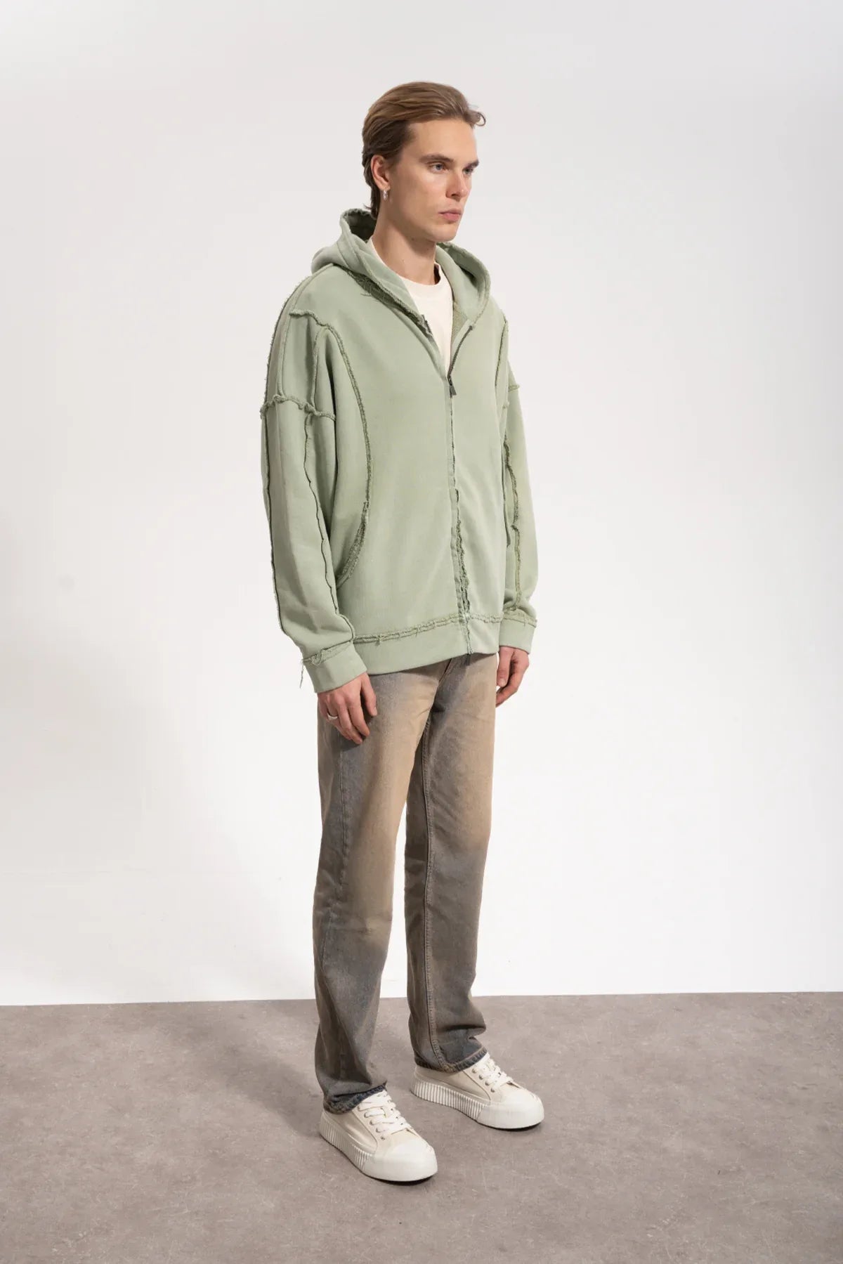 Erkek Oversized Washed Raw Seam Zip Hoodie - Yeşil - REST 147