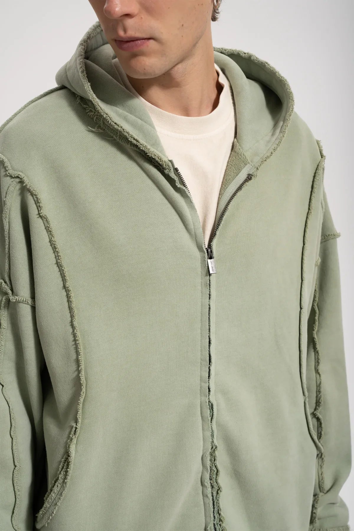 Erkek Oversized Washed Raw Seam Zip Hoodie - Yeşil - REST 147