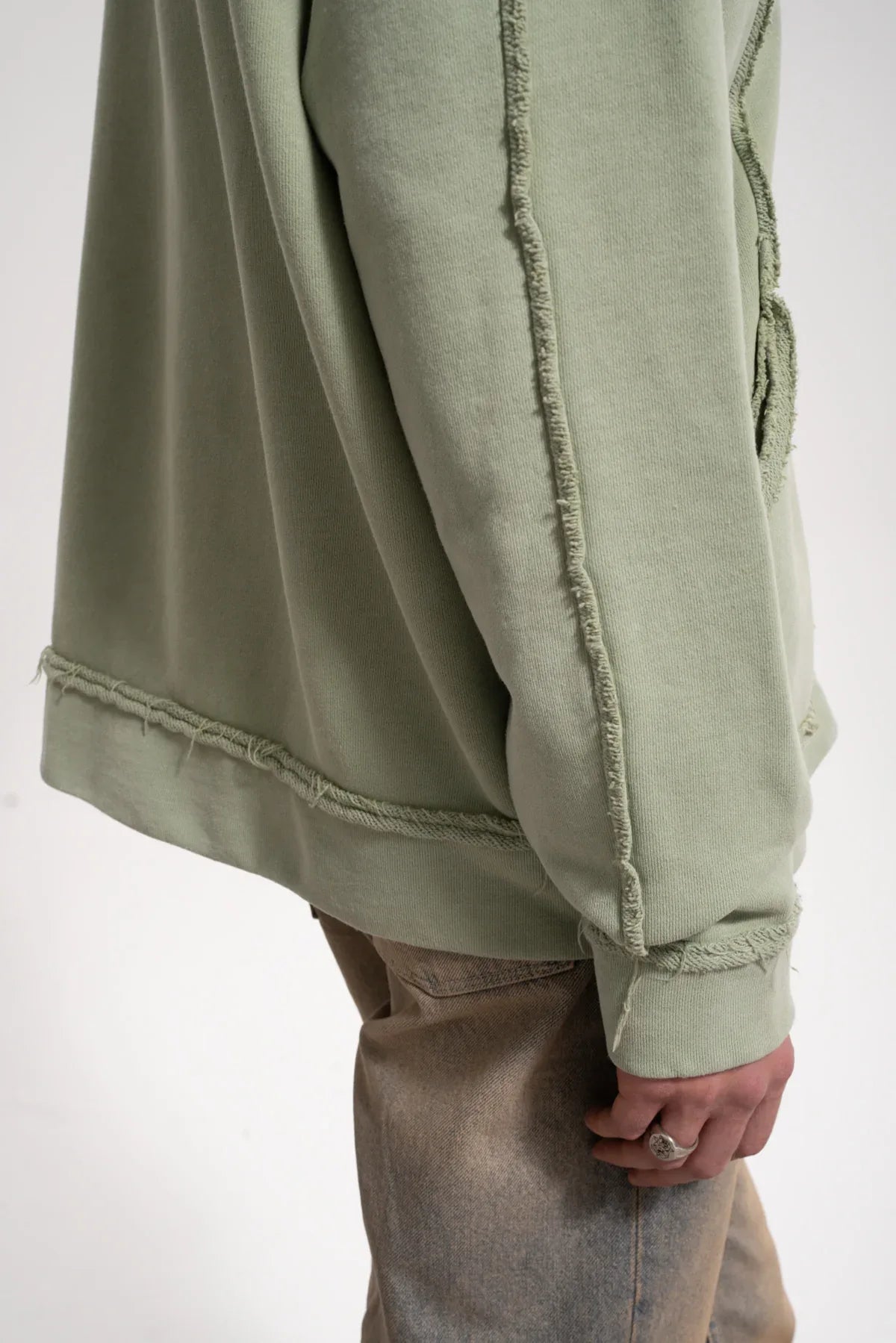 Erkek Oversized Washed Raw Seam Zip Hoodie - Yeşil - REST 147