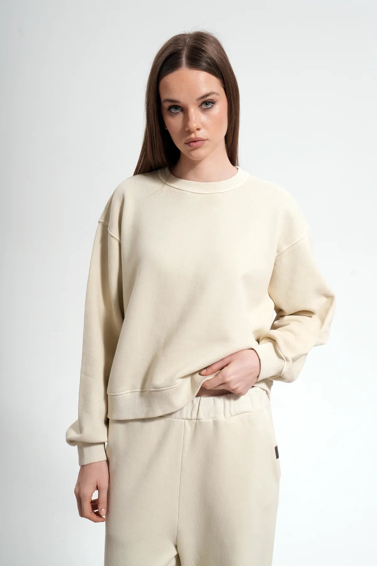 Kadın Boxy Fit Oversized Washed Sweatshirt - Bej - REST 147