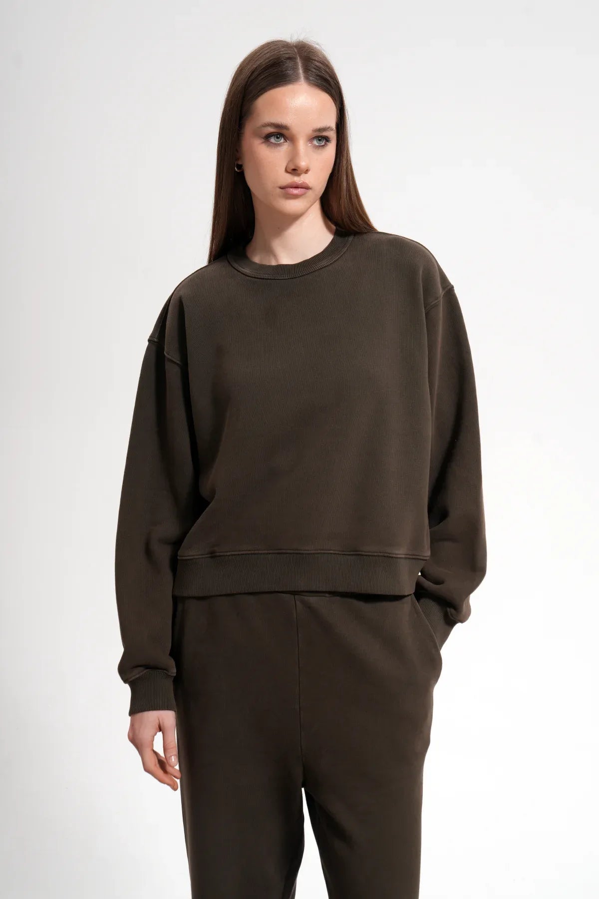 Kadın Boxy Fit Oversized Washed Sweatshirt - Kahverengi - REST 147