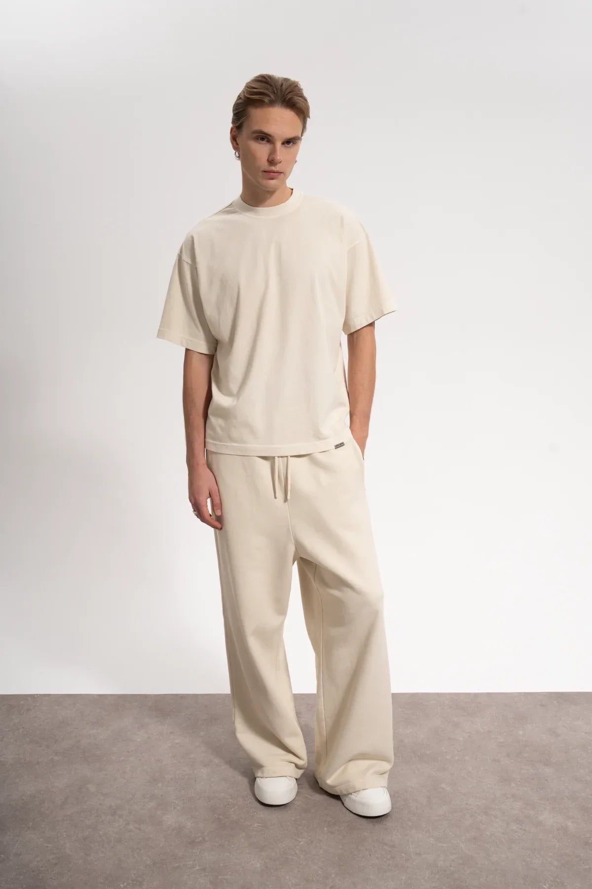 Erkek Oversized Washed Basic T-Shirt - Bej - REST 147