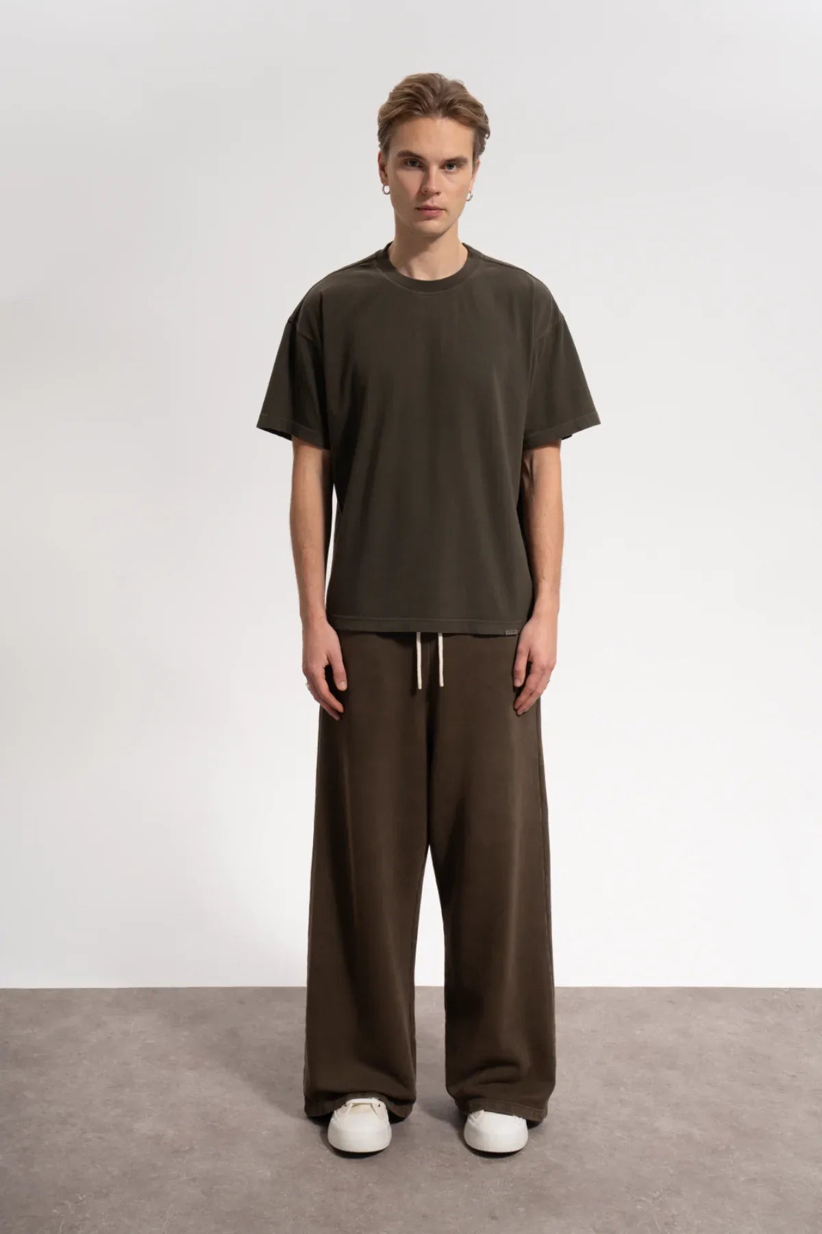 Erkek Oversized Washed Basic T-Shirt - Kahverengi - REST 147