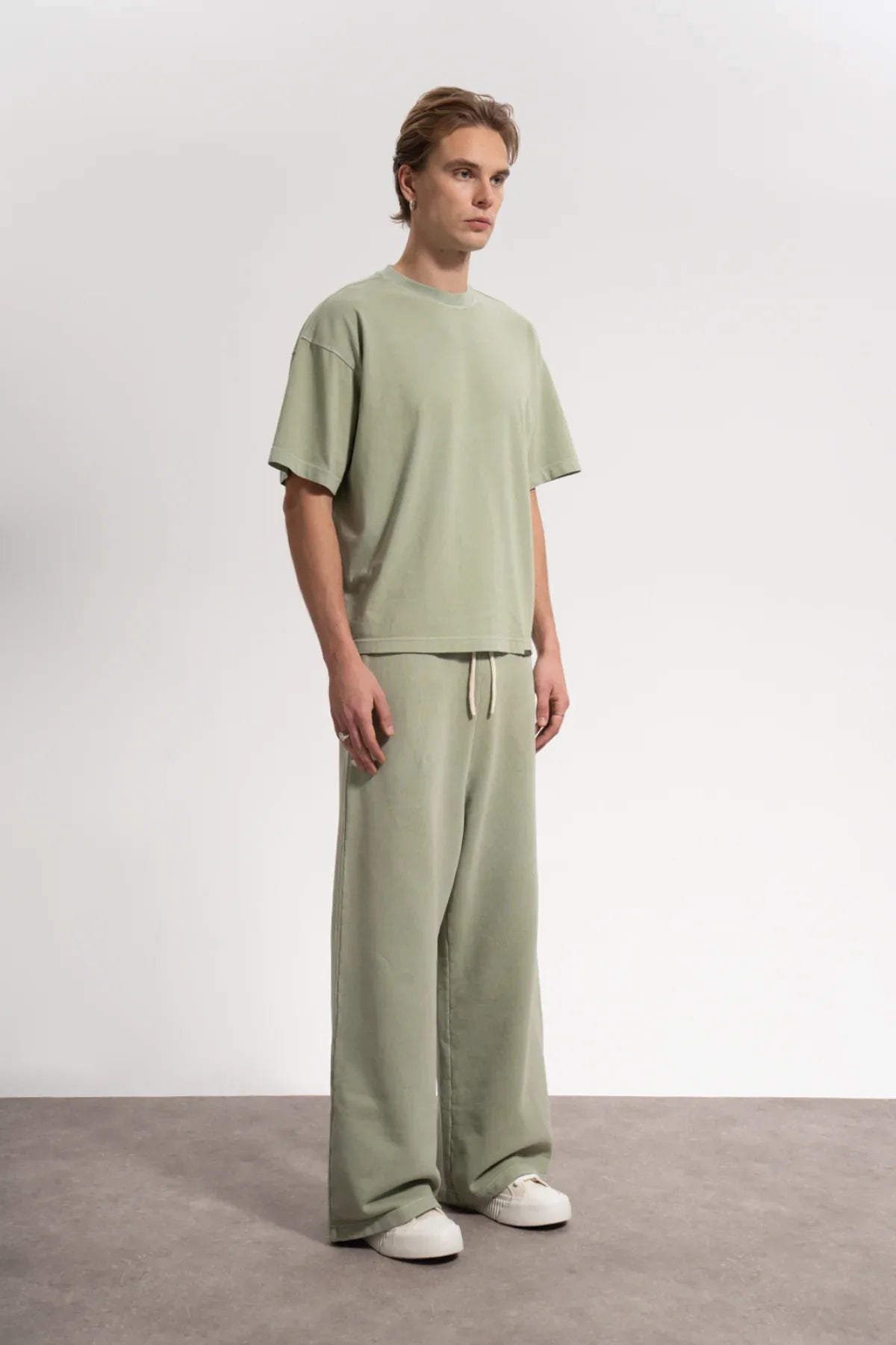 Erkek Oversized Washed Basic T-Shirt - Yeşil - REST 147