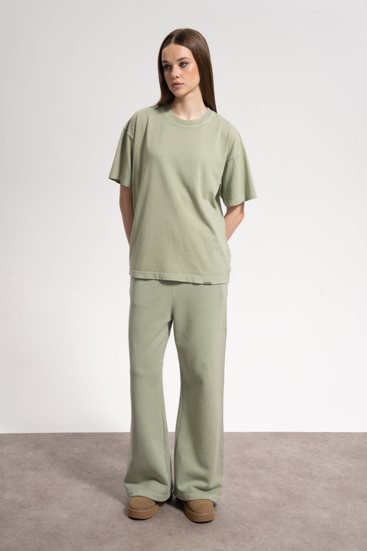 Kadın Oversized Washed Basic T-Shirt - Yeşil