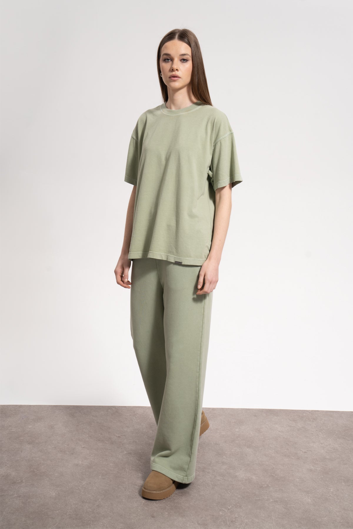 Kadın Oversized Washed Basic T-Shirt - Yeşil