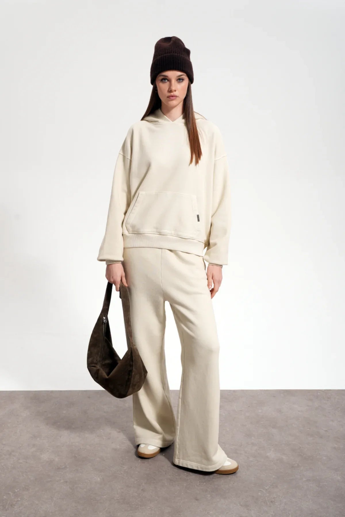 Kadın Boxy Fit Washed Hoodie - Bej - REST 147