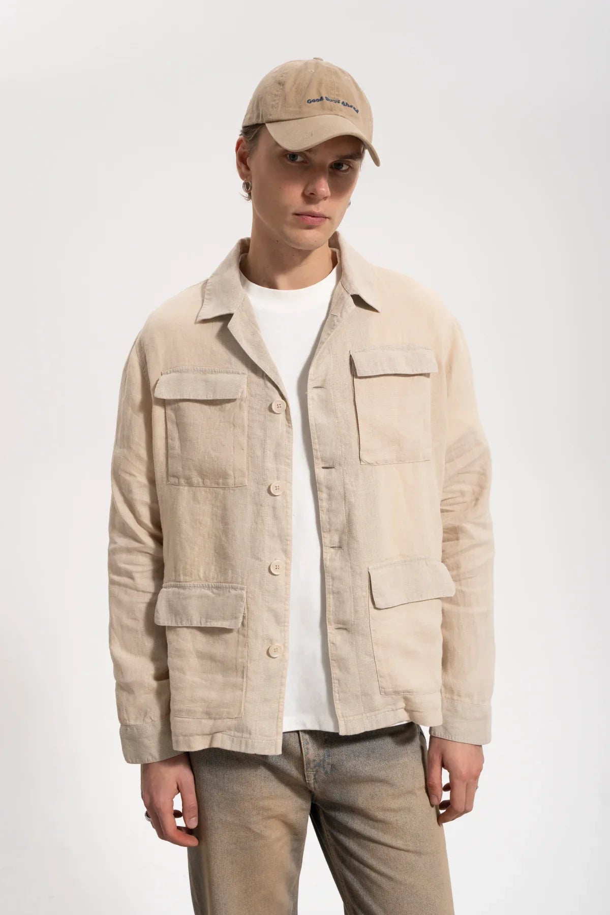Erkek Relaxed Fit Linen Shirt - Bej - REST 147