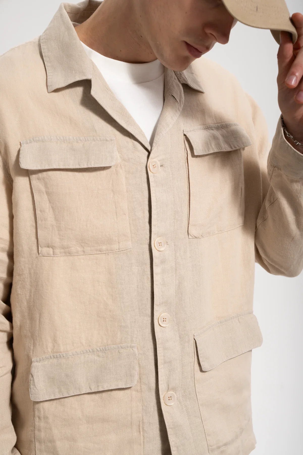 Erkek Relaxed Fit Linen Shirt - Bej - REST 147