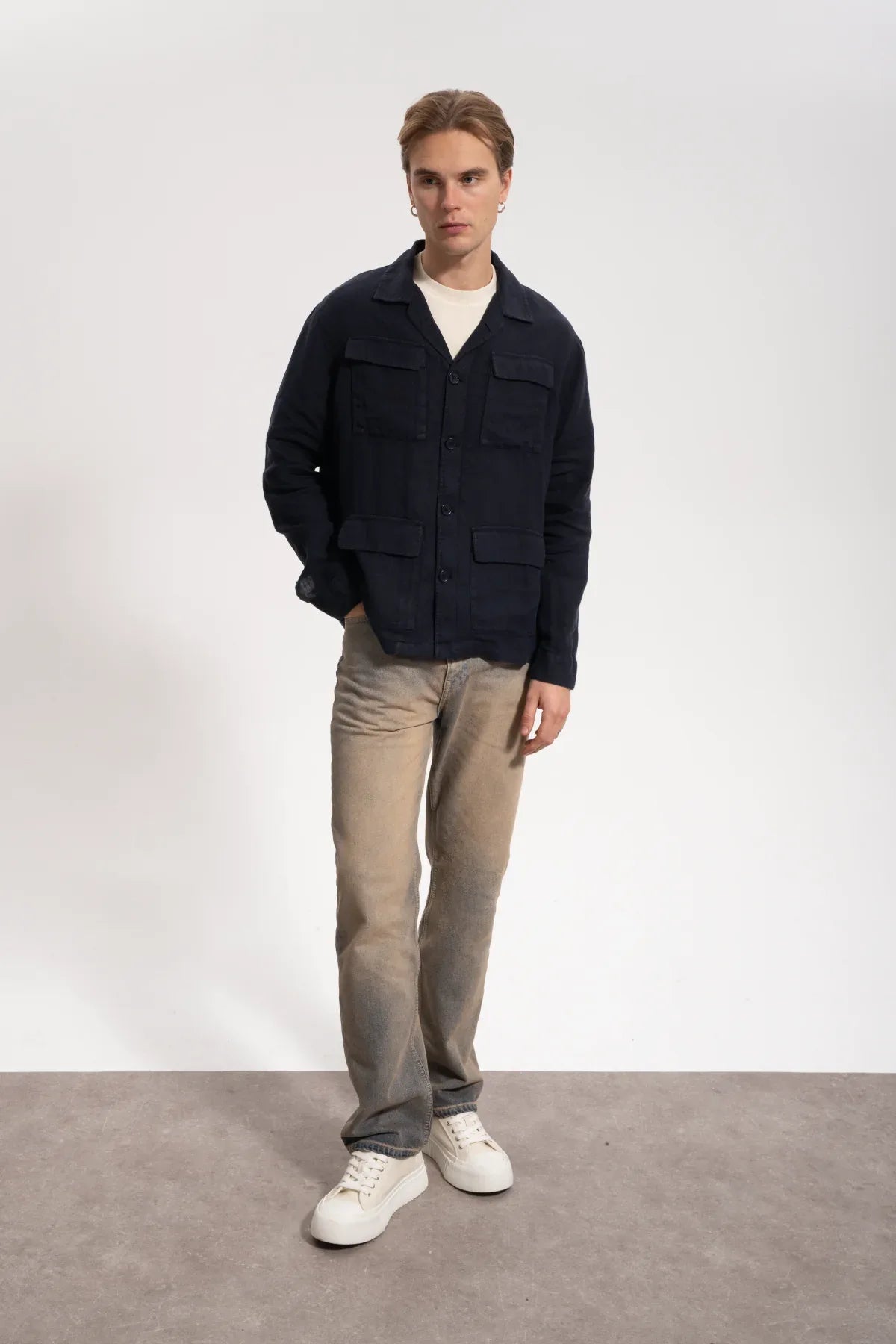 Erkek Relaxed Fit Linen Shirt - Lacivert - REST 147