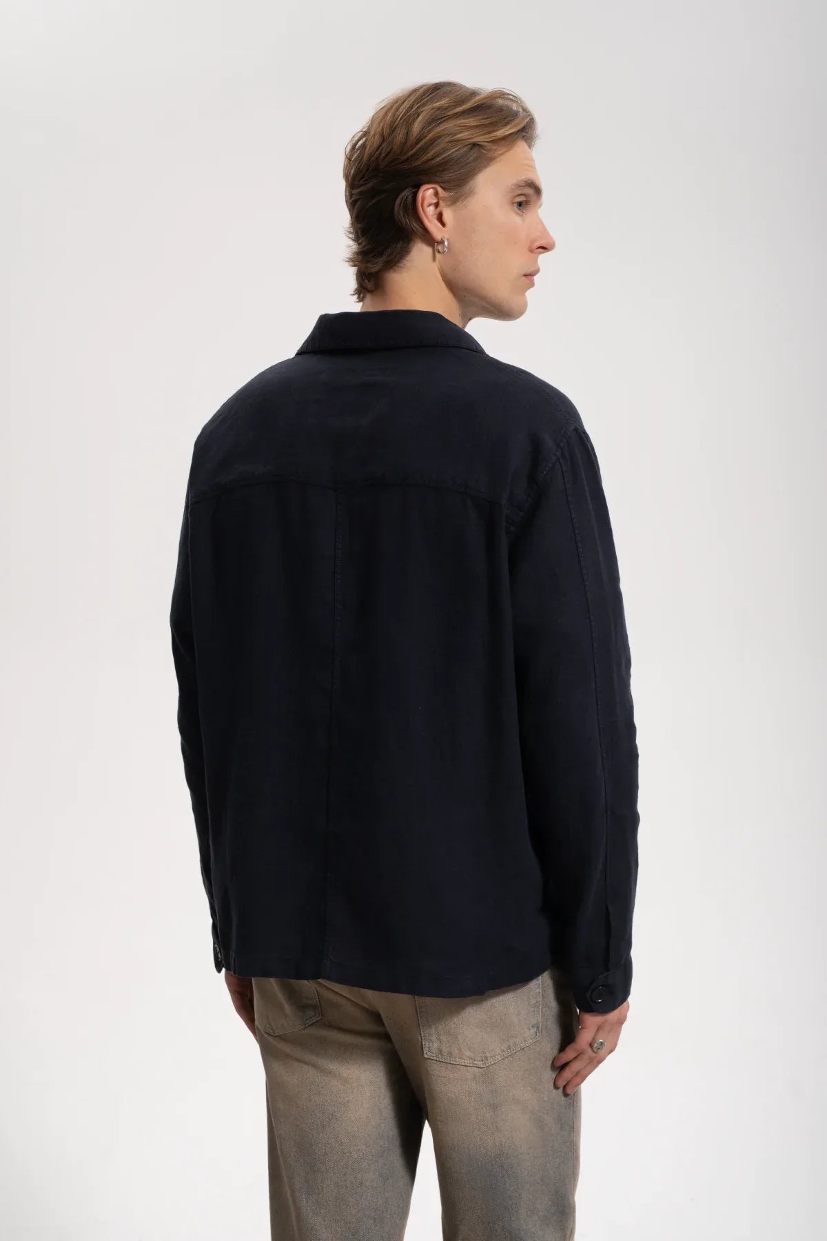 Erkek Relaxed Fit Linen Shirt - Lacivert - REST 147