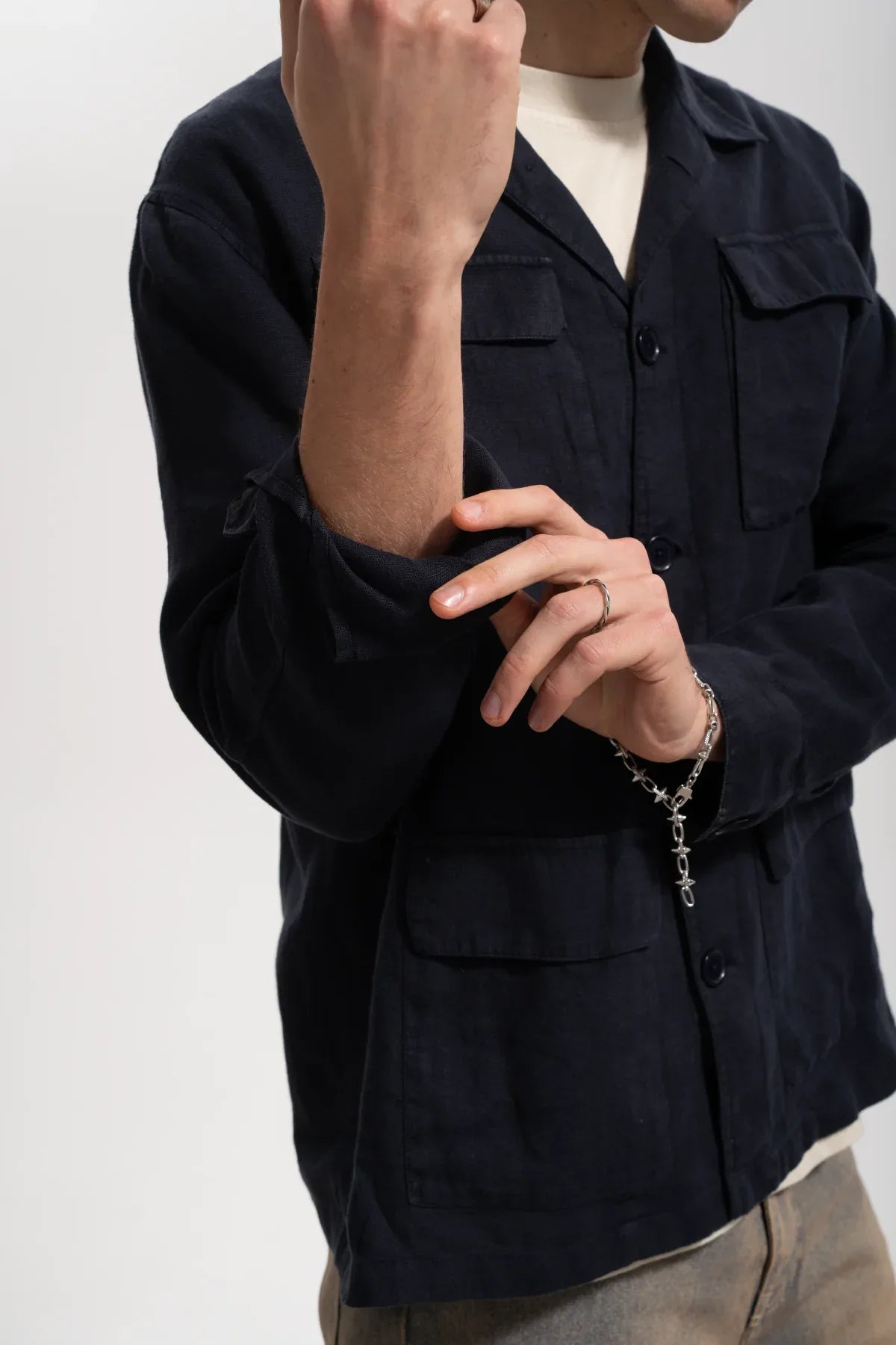 Erkek Relaxed Fit Linen Shirt - Lacivert - REST 147