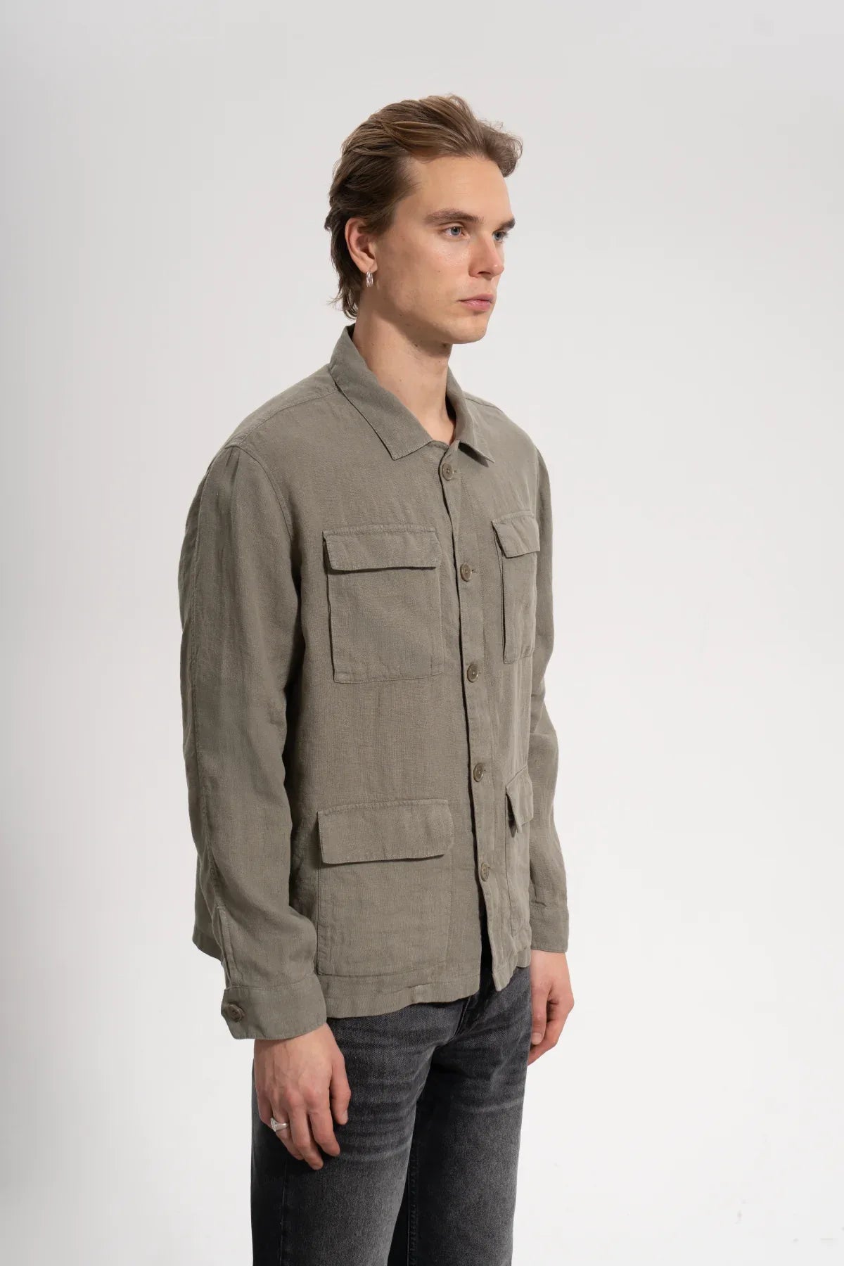 Erkek Relaxed Fit Linen Shirt - Haki - REST 147